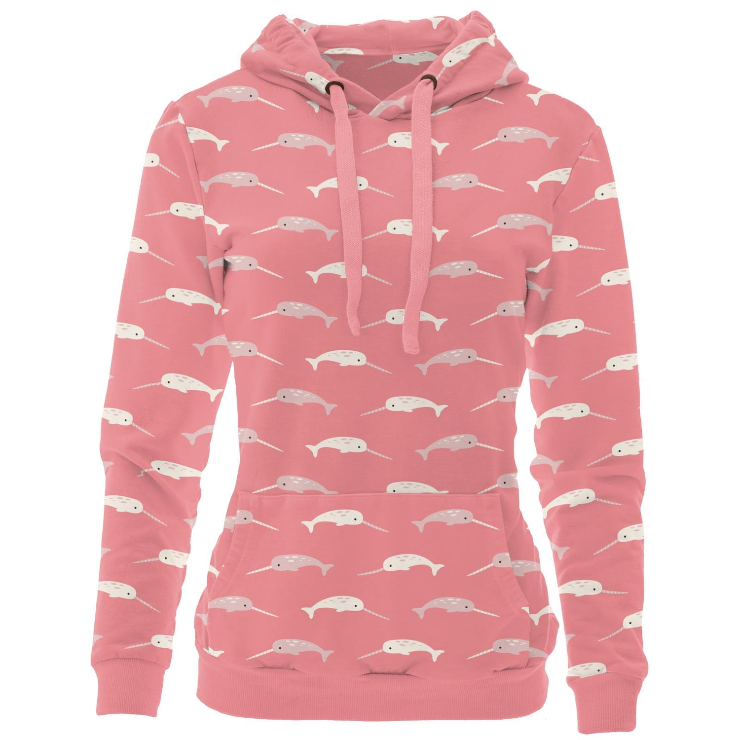 Women's Print Fleece Kangaroo Pocket Pullover in Strawberry Narwhal