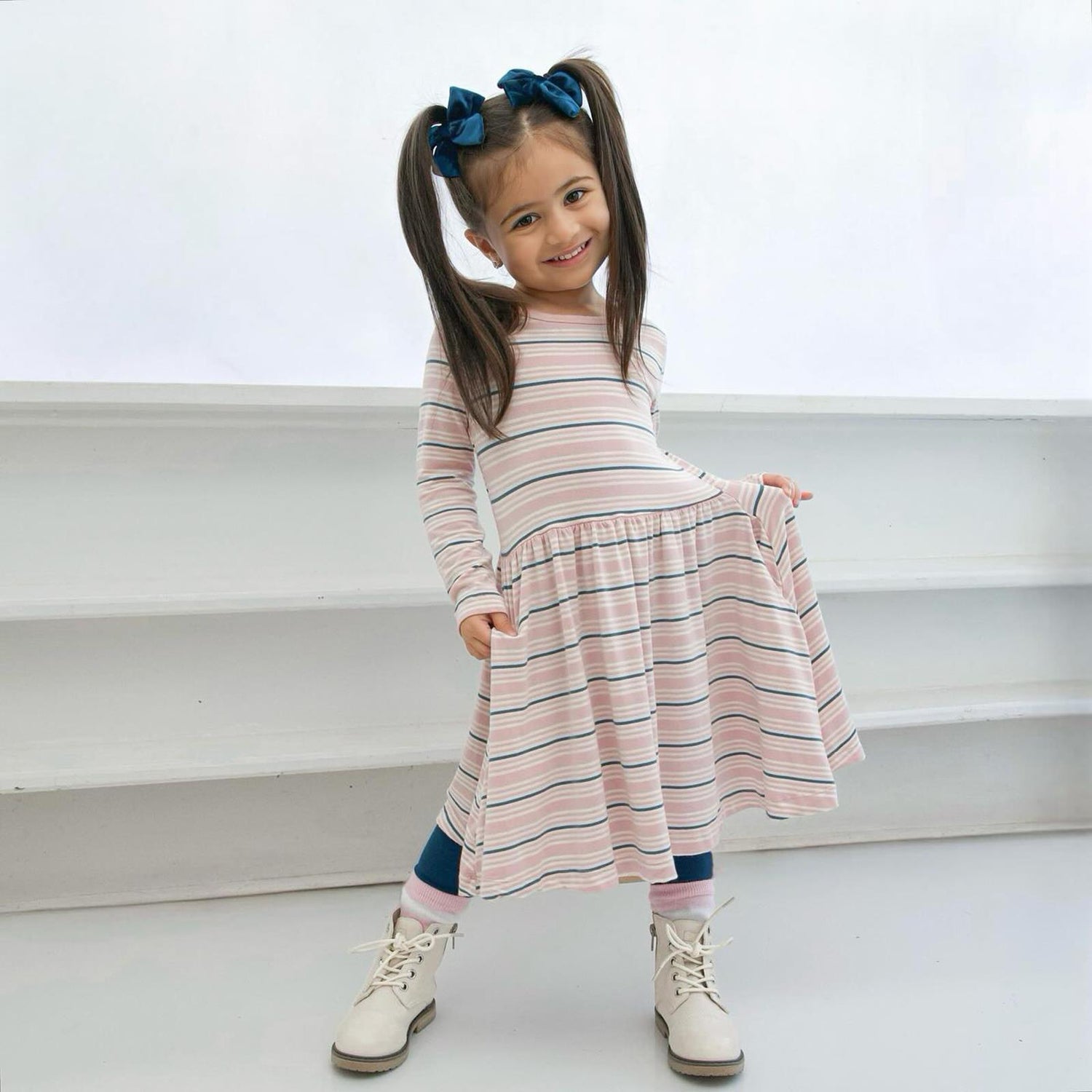 Print Long Sleeve Twirl Dress in Flotsam Stripe