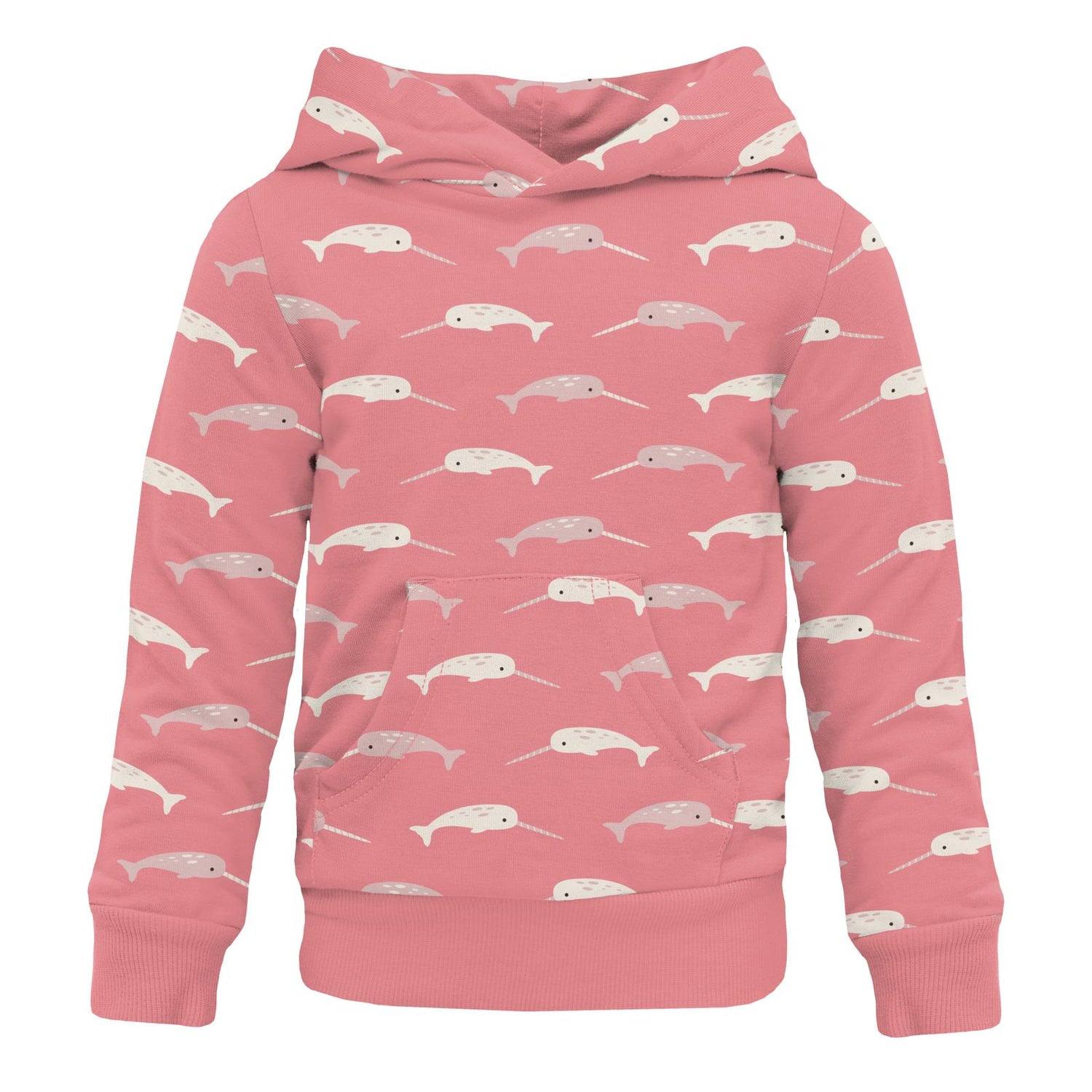 Print Fleece Kangaroo Pocket Pullover in Strawberry Narwhal