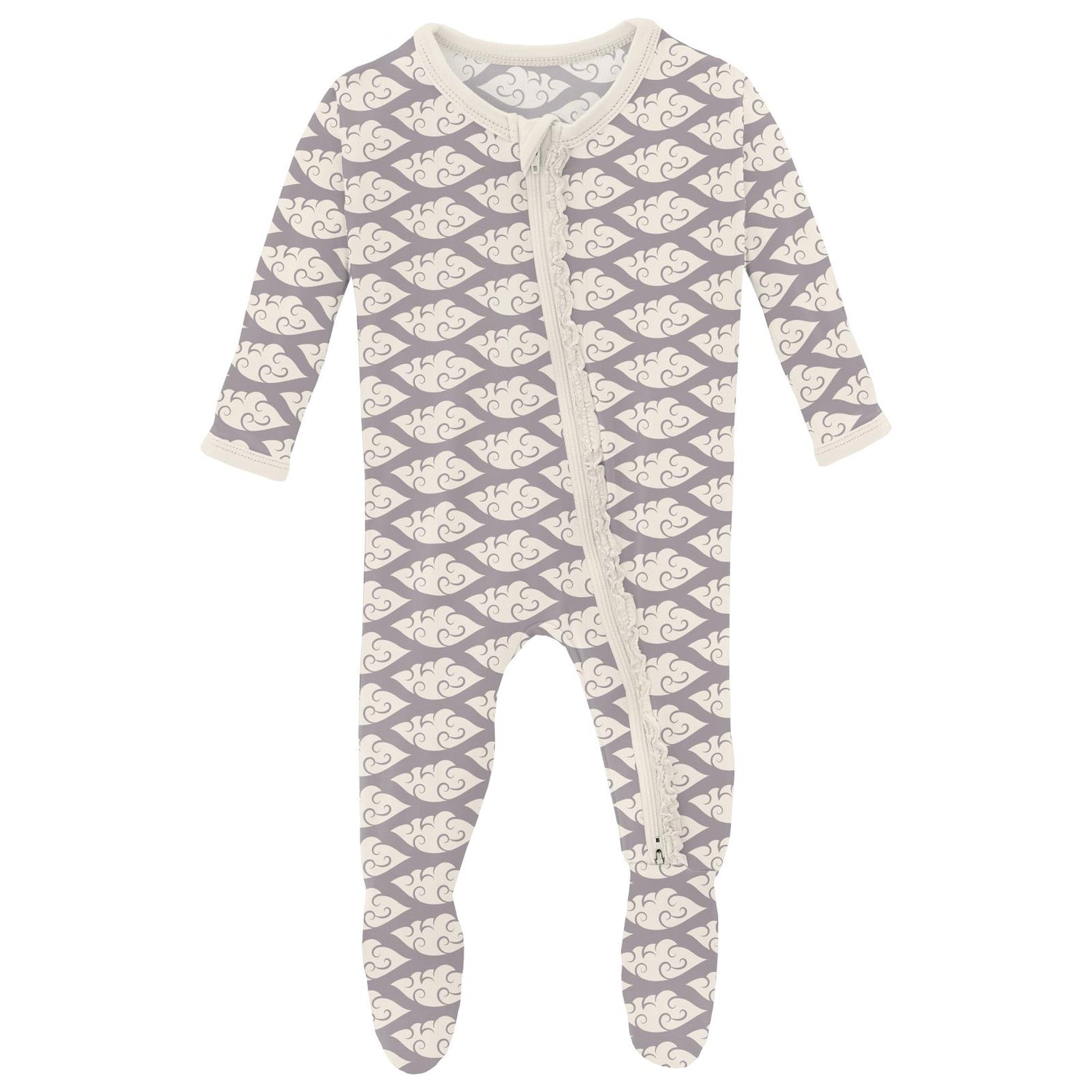 Print Muffin Ruffle Footie with 2 Way Zipper in Feather Cloudy Sea