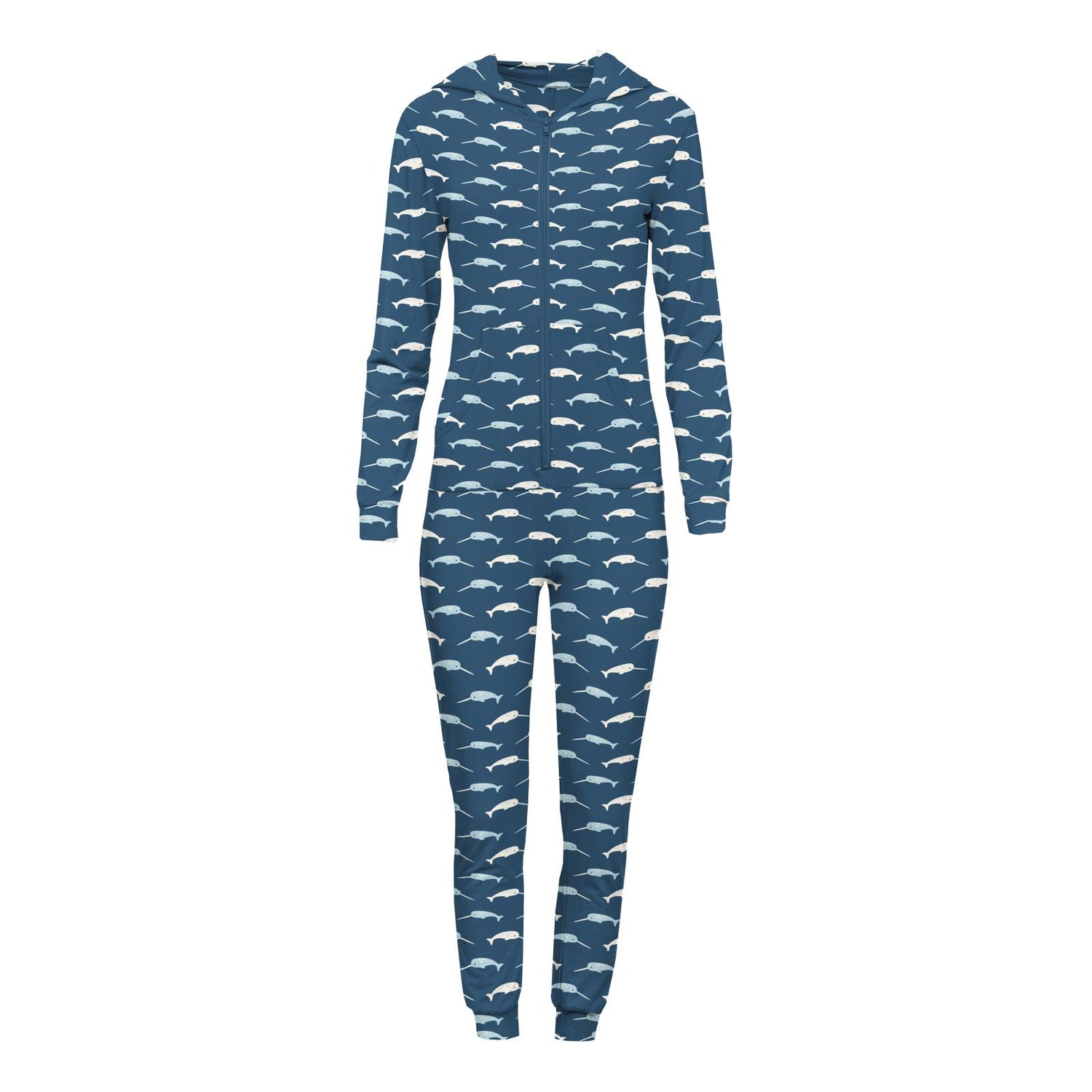 Women's Print Long Sleeve Jumpsuit with Hood in Deep Sea Narwhal