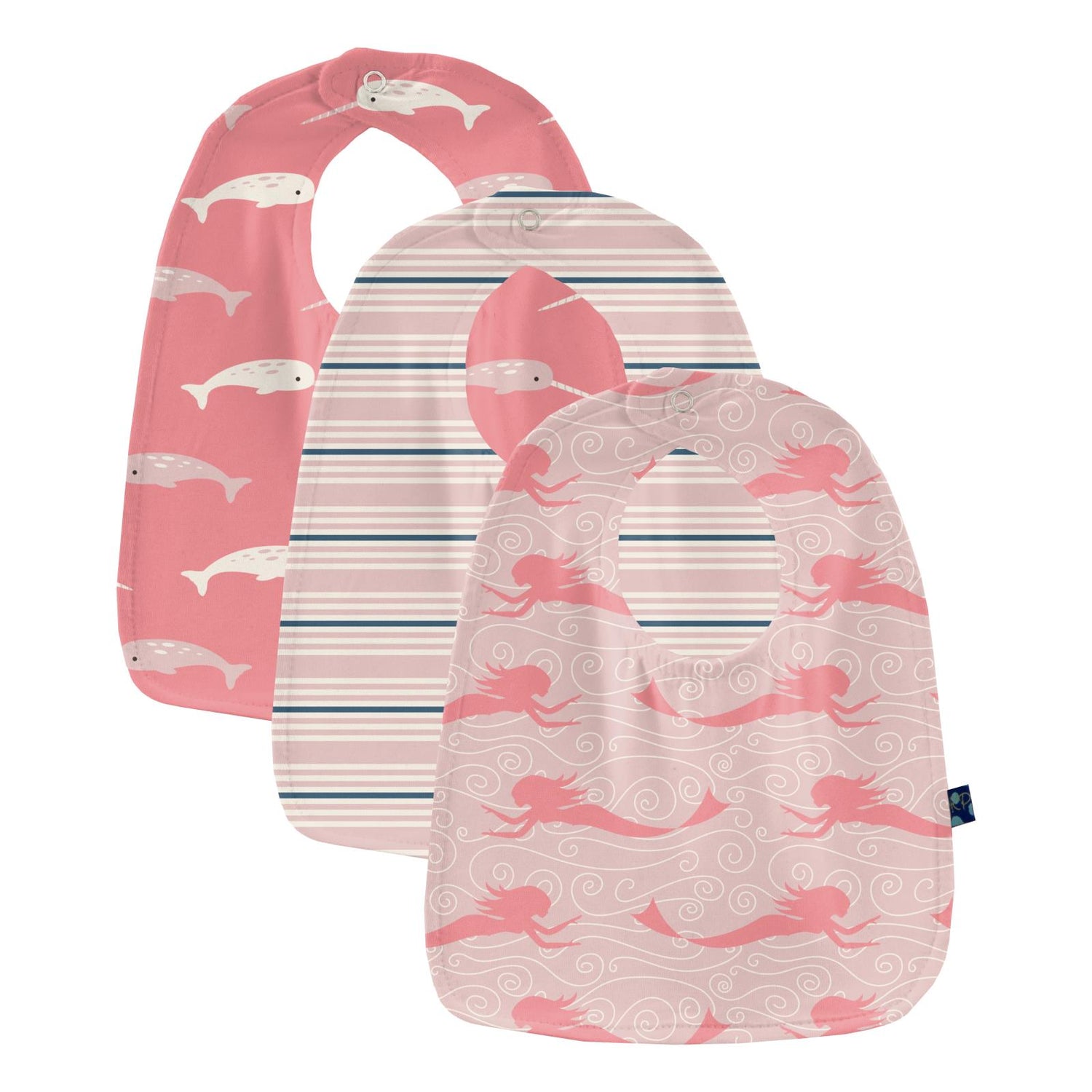 Print Bib Set of 3 in Strawberry Narwhal, Flotsam Stripe & Baby Rose Mermaid