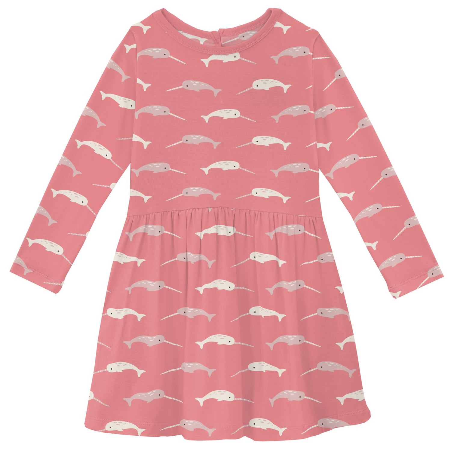 Print Long Sleeve Twirl Dress in Strawberry Narwhal