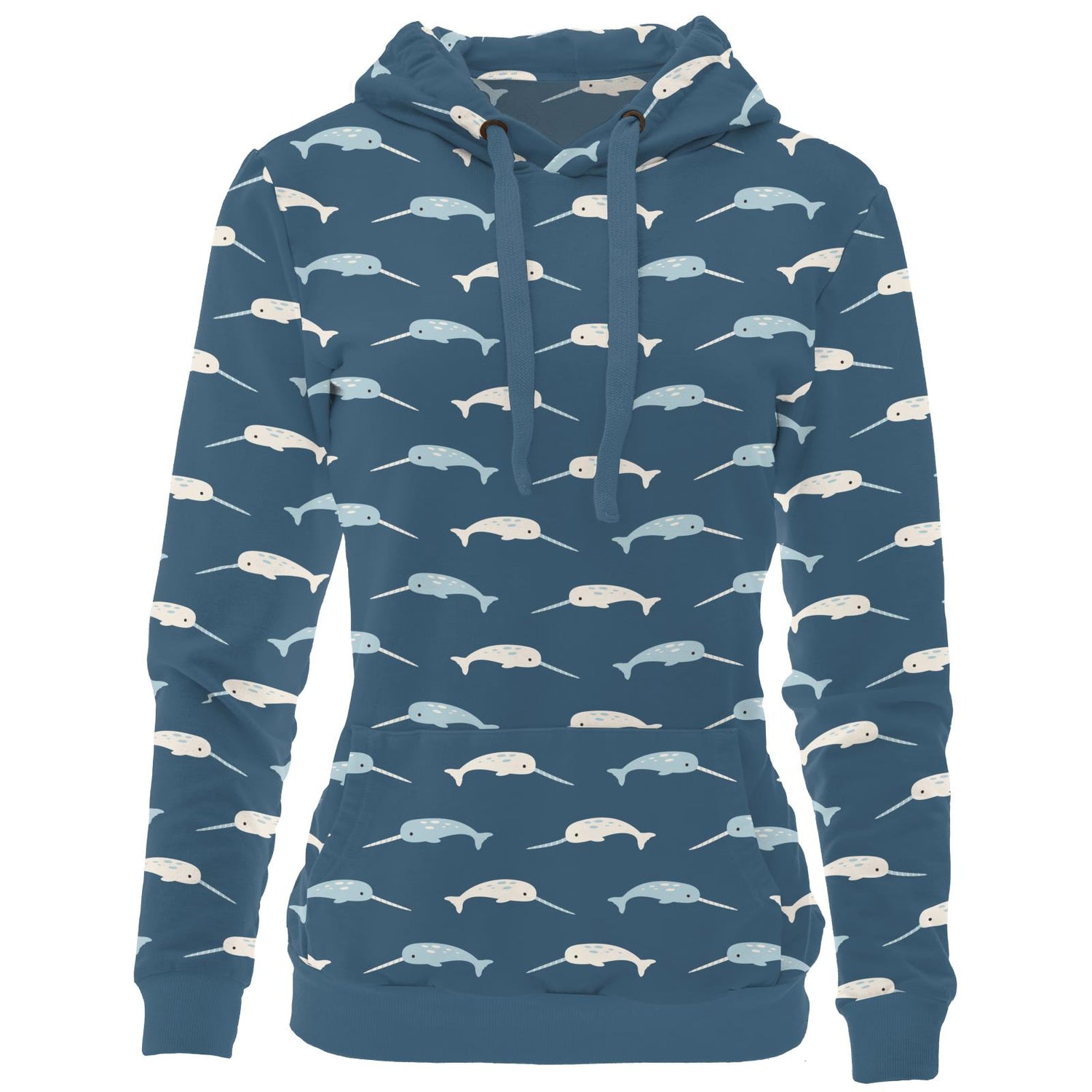 Women's Print Fleece Kangaroo Pocket Pullover in Deep Sea Narwhal