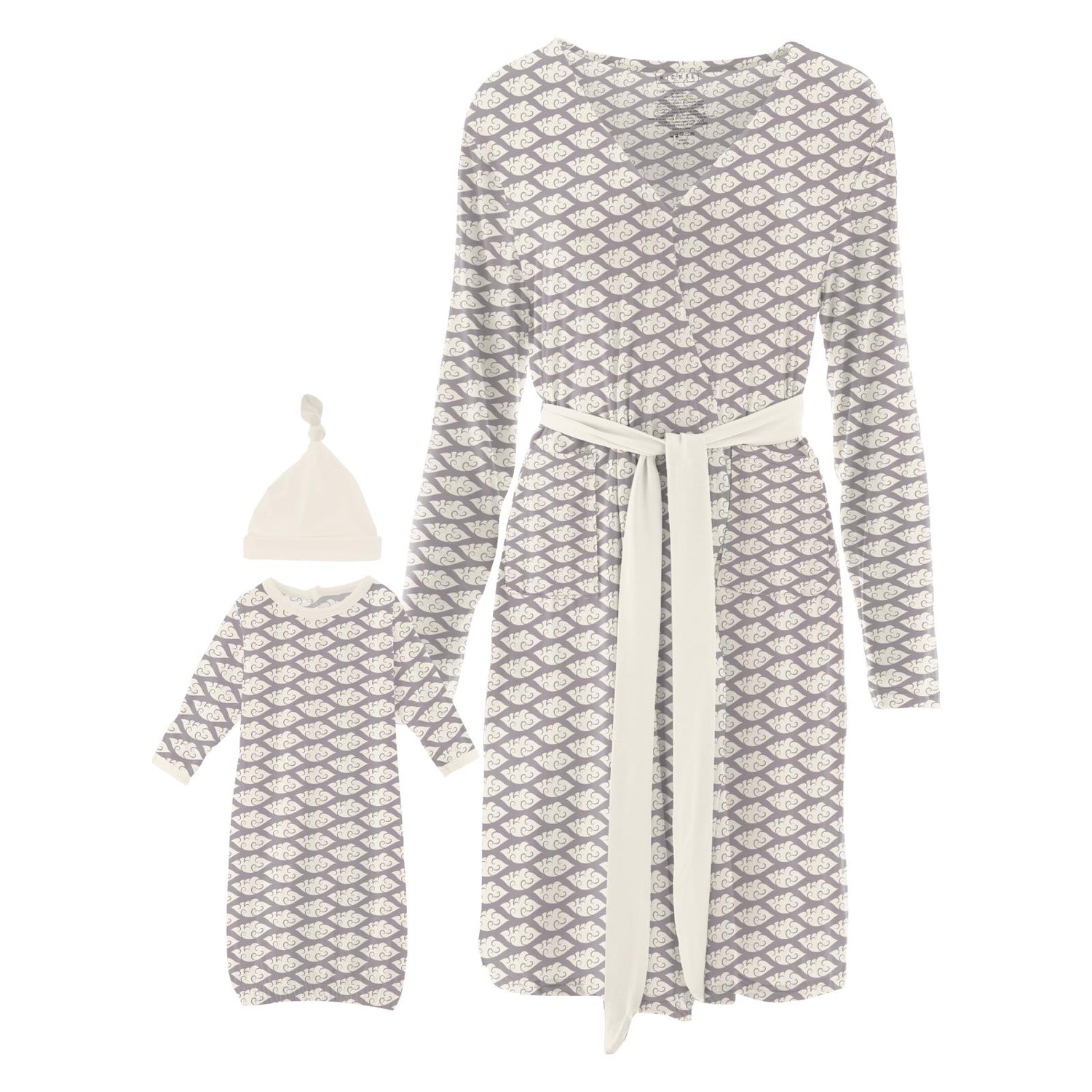 Women's Print Mid Length Lounge Robe & Layette Gown Set in Feather Cloudy Sea