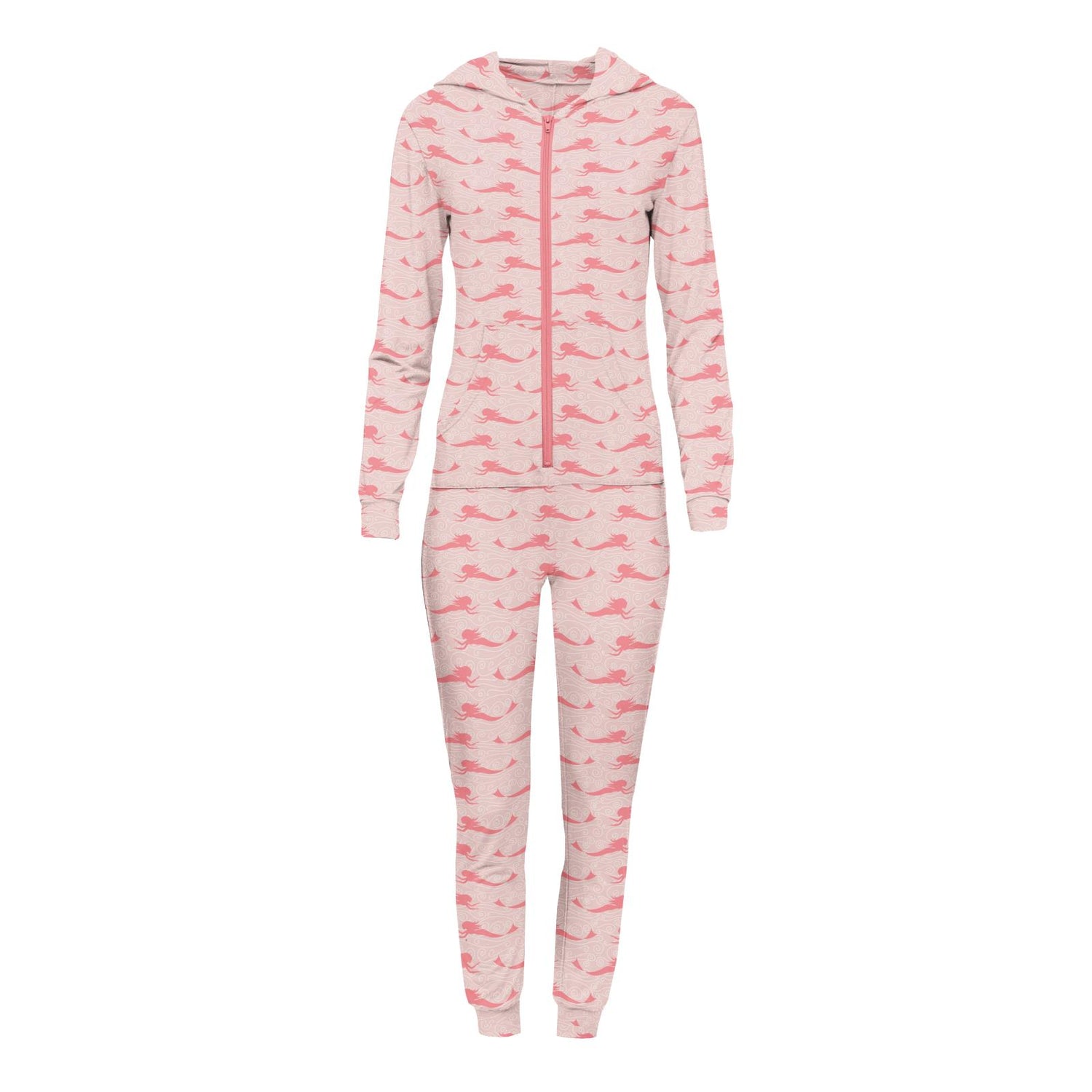 Women's Print Long Sleeve Jumpsuit with Hood in Baby Rose Mermaid