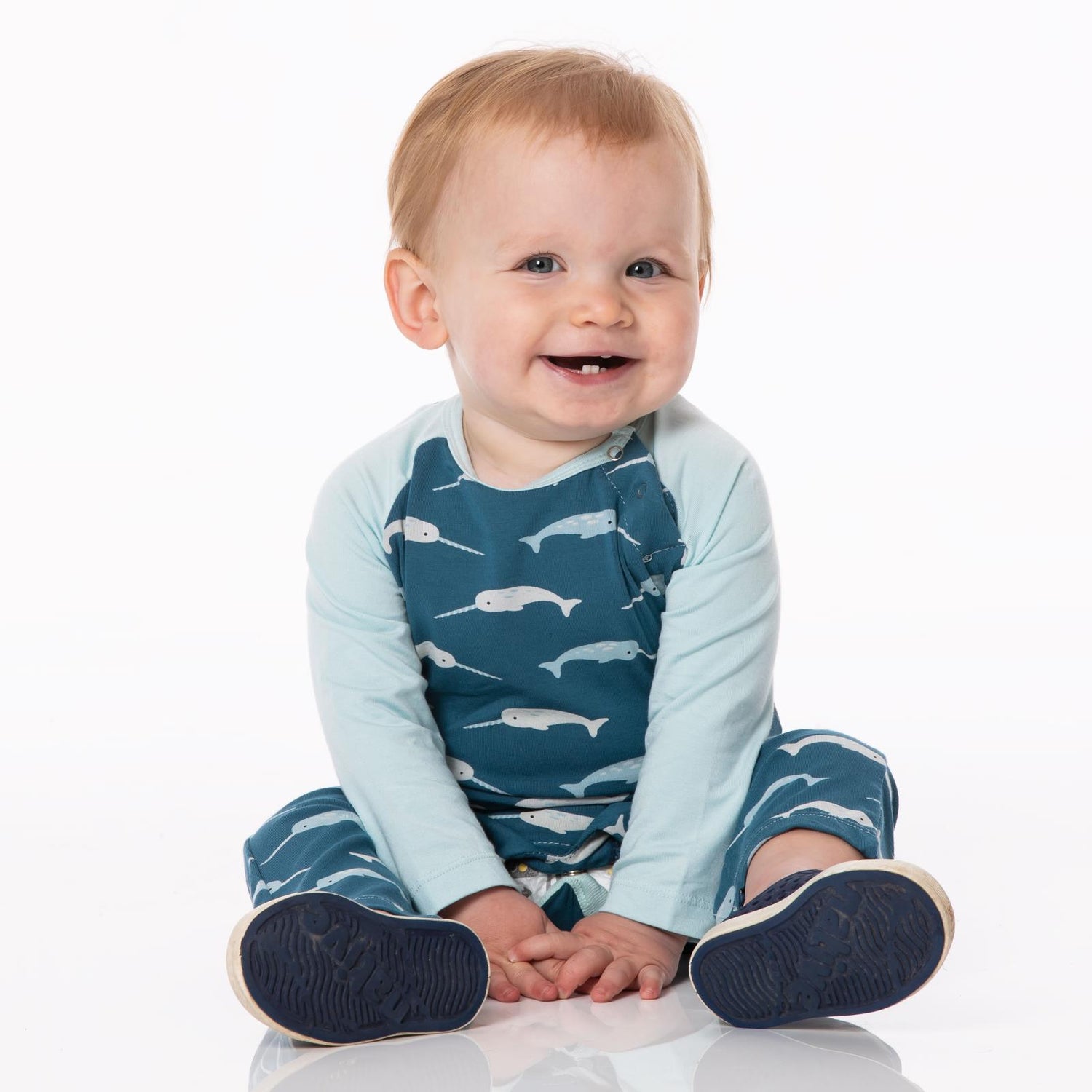 Print Long Sleeve Raglan Romper in Deep Sea Narwhal