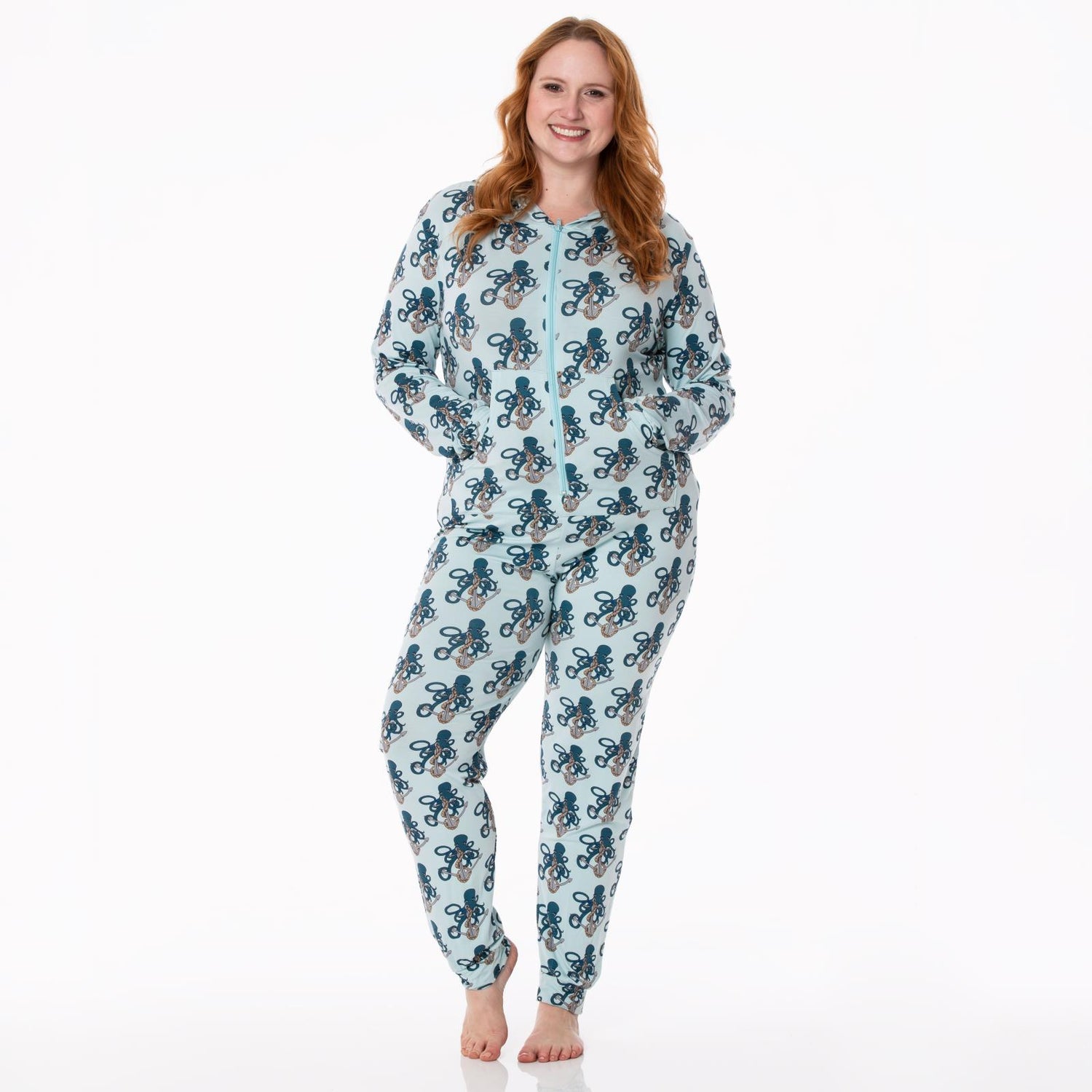 Women's Print Long Sleeve Jumpsuit with Hood in Spring Sky Octopus Anchor