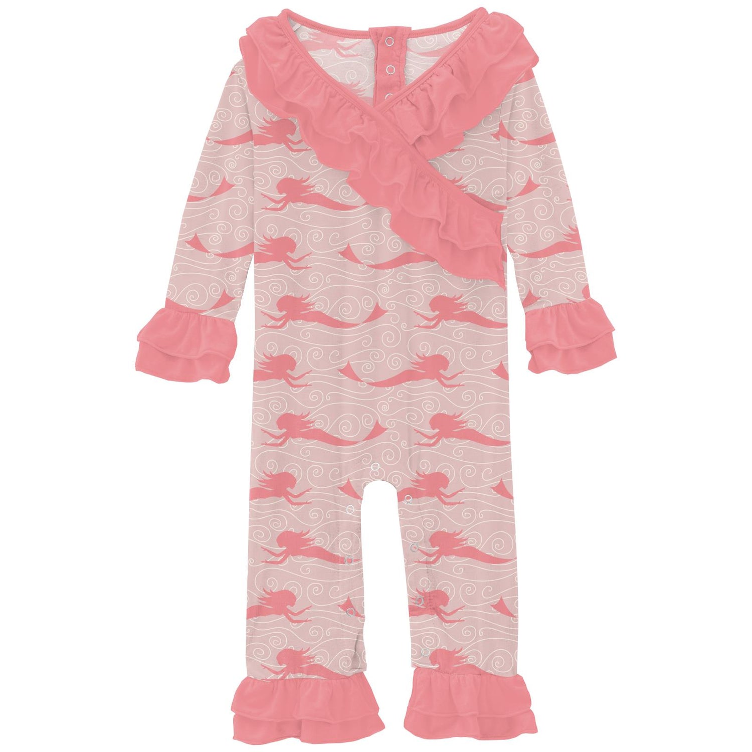 Print Long Sleeve Kimono Double Ruffle Romper in Baby Rose Mermaid