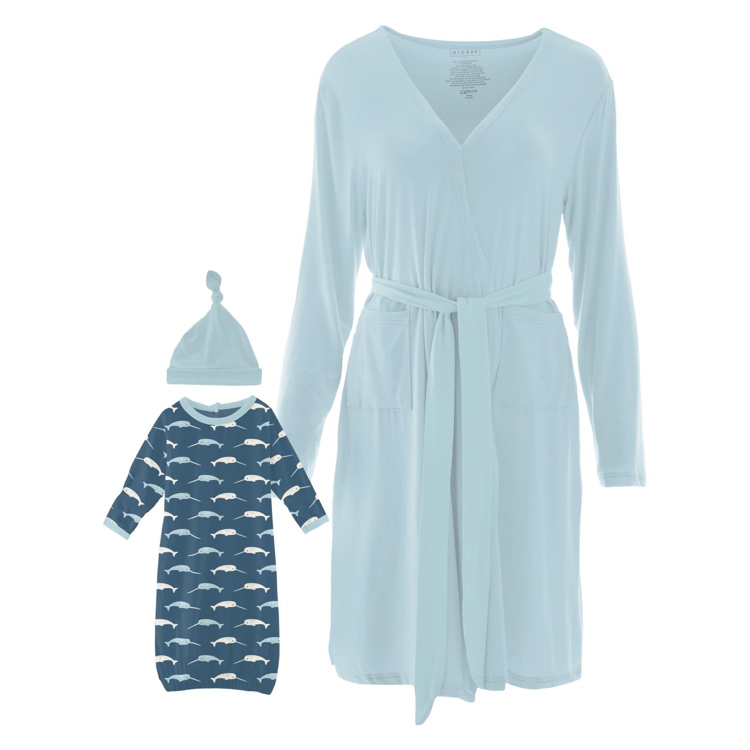 Women's Print Mid Length Lounge Robe & Layette Gown Set in Deep Sea Narwhal