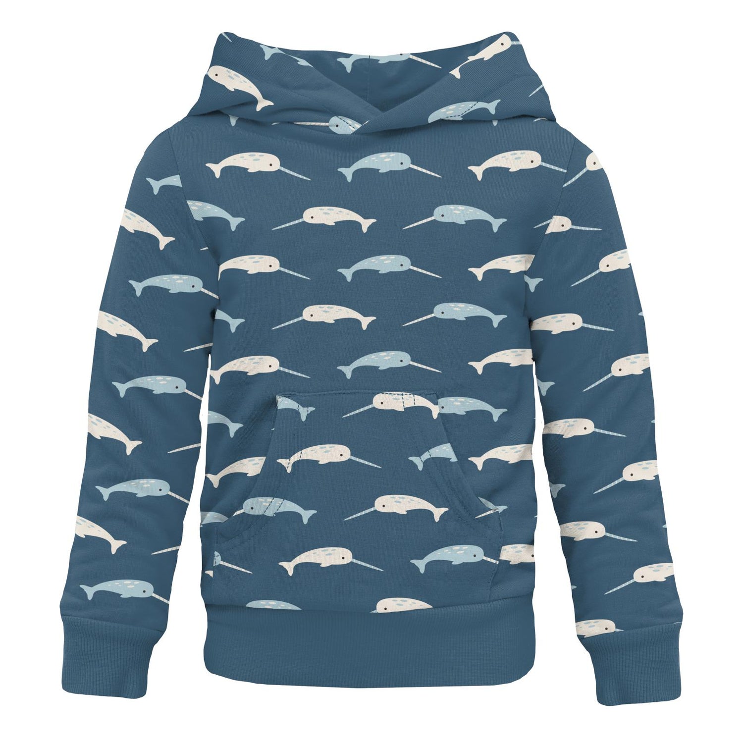 Print Fleece Kangaroo Pocket Pullover in Deep Sea Narwhal