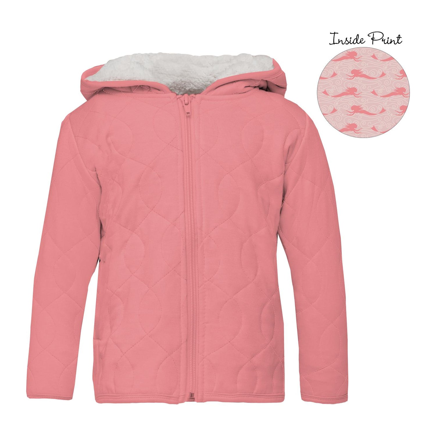 Print Quilted Jacket with Sherpa-Lined Hood in Strawberry/Baby Rose Mermaids