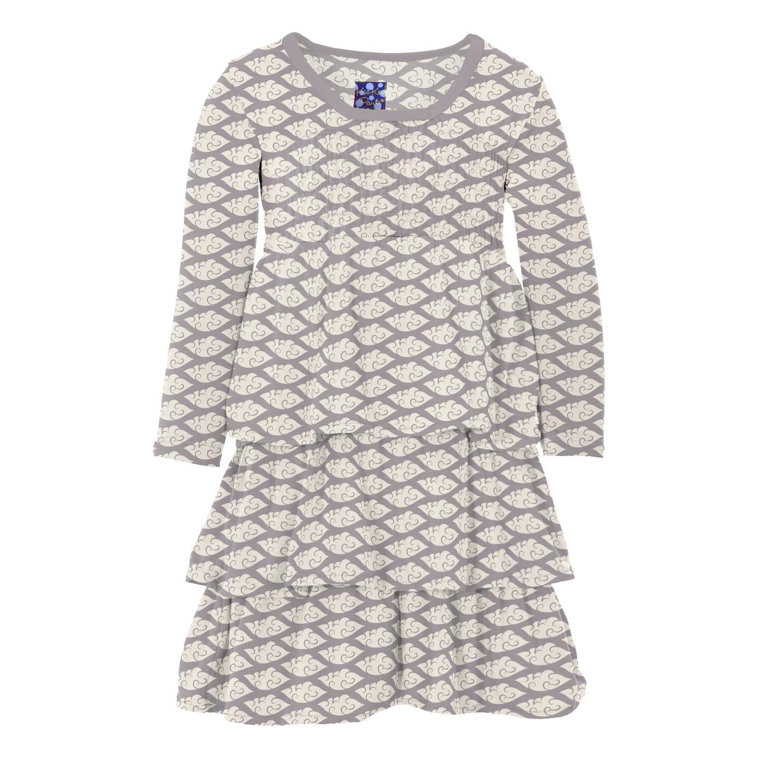 Print Long Sleeve Layered Ruffle Dress in Feather Cloudy Sea