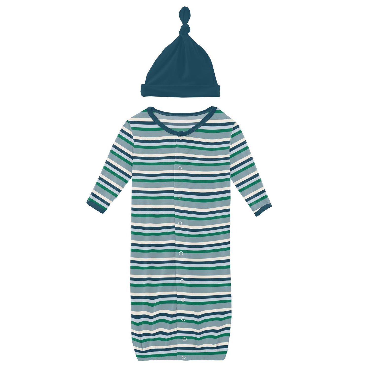 Print Layette Gown Converter & Single Knot Hat Set in Stormy Sea Stripe