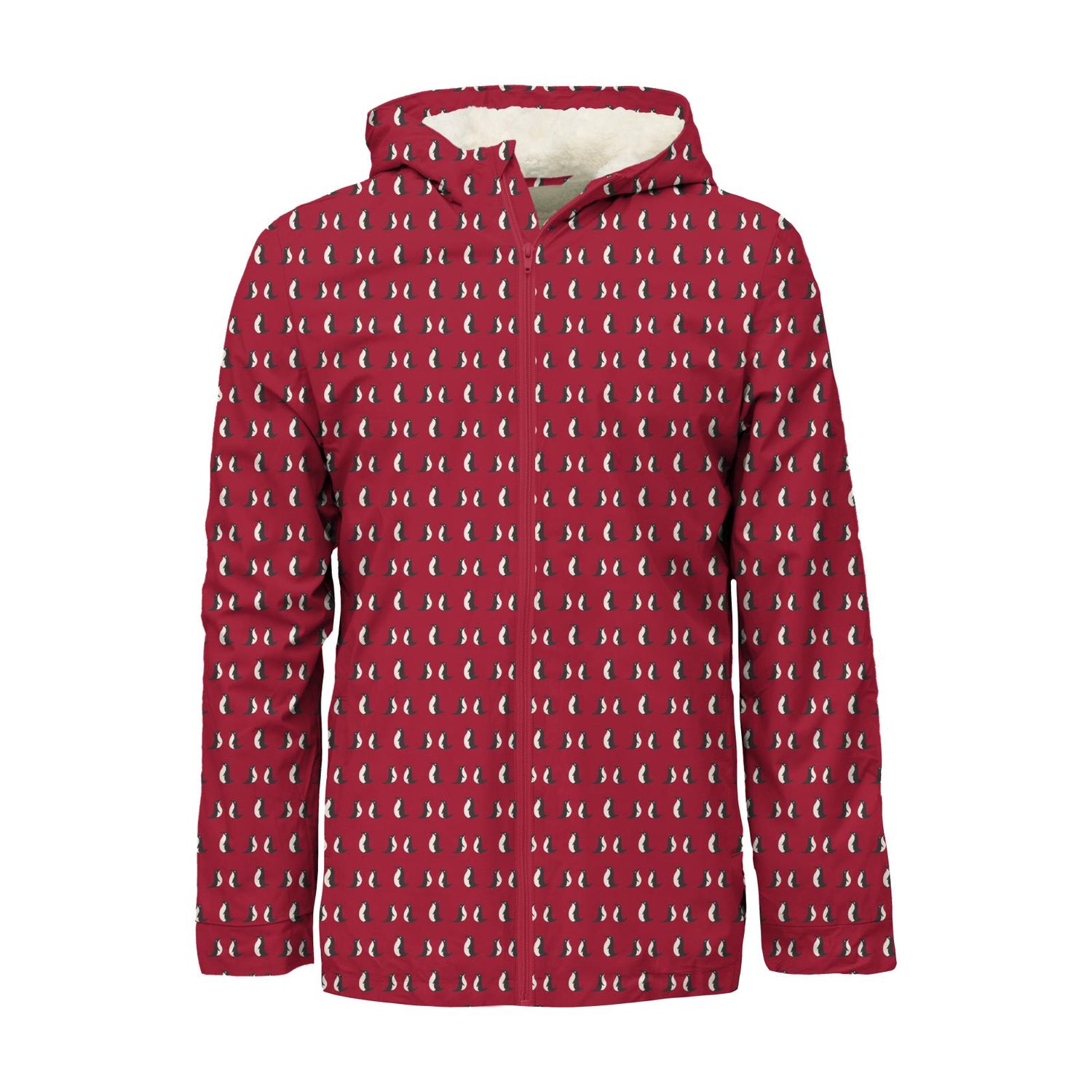 Men's Print Sherpa-Lined Hooded Rain Jacket in Crimson Penguins