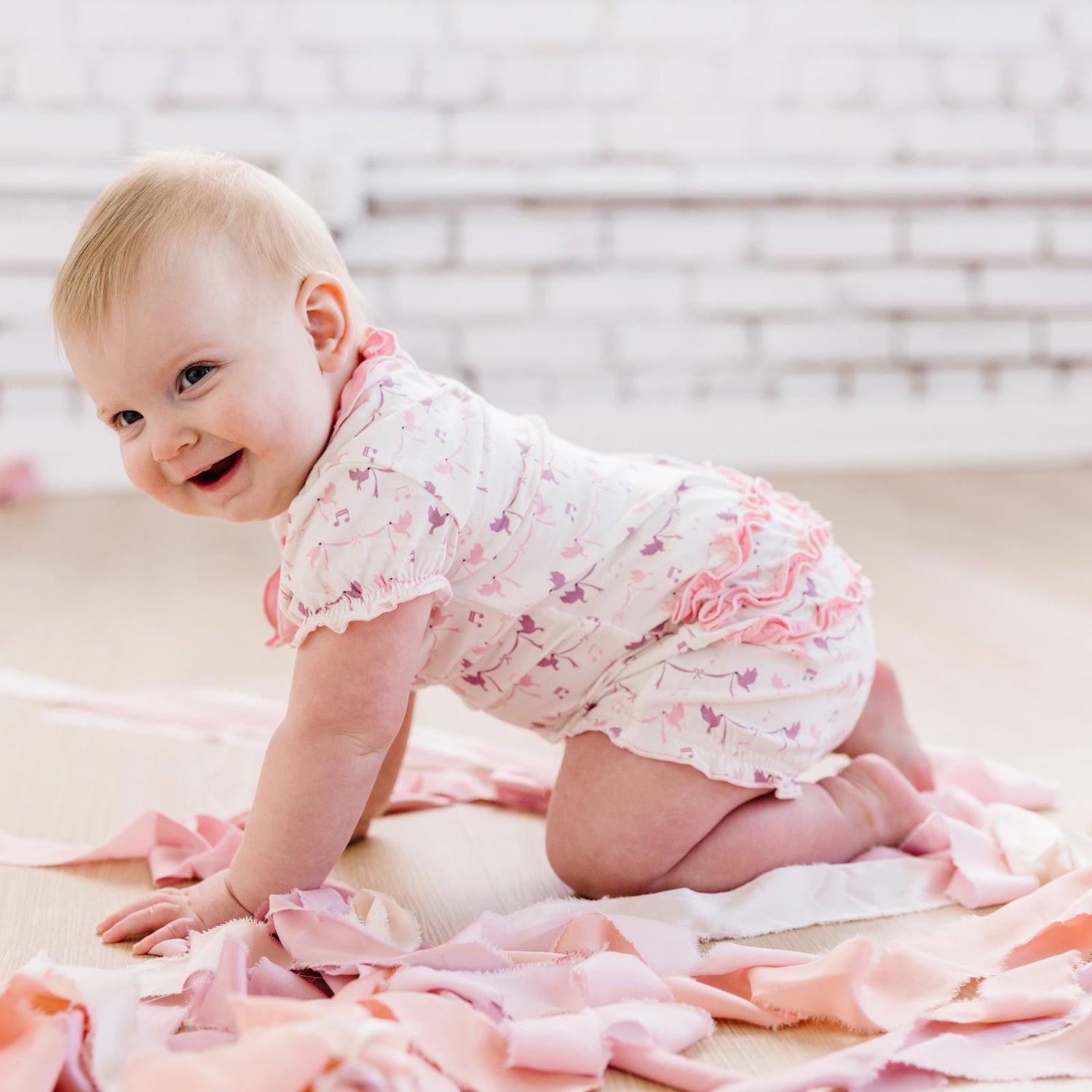 Print Ruffle Romper in Natural Bird Banner