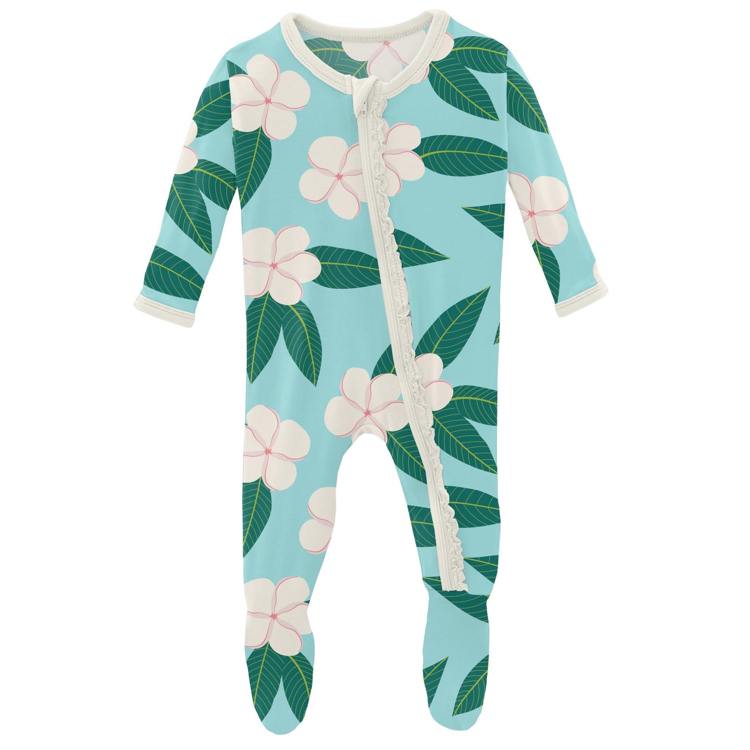 Print Muffin Ruffle Footie with Zipper in Summer Sky Plumeria