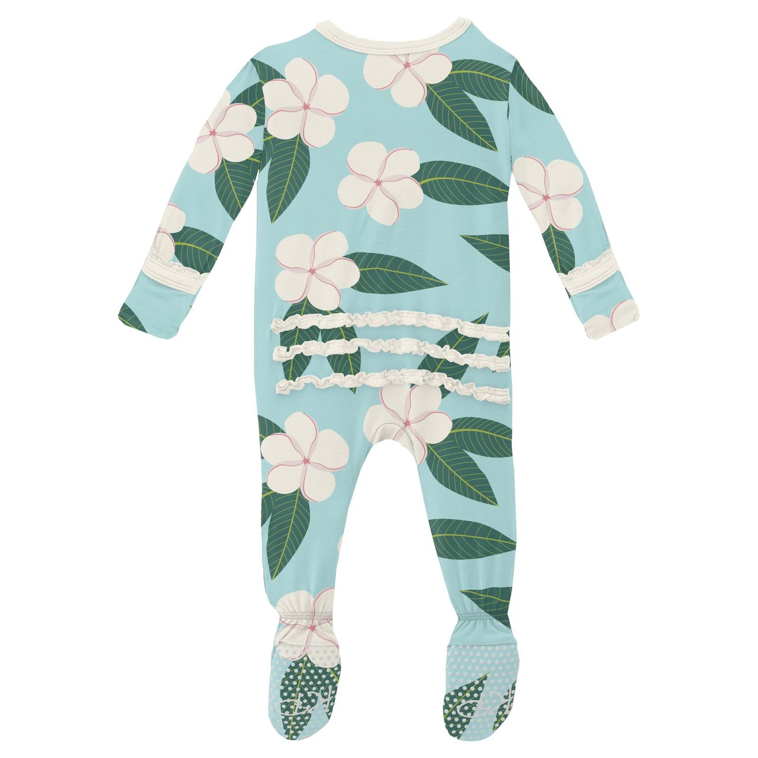 Print Muffin Ruffle Footie with Zipper in Summer Sky Plumeria