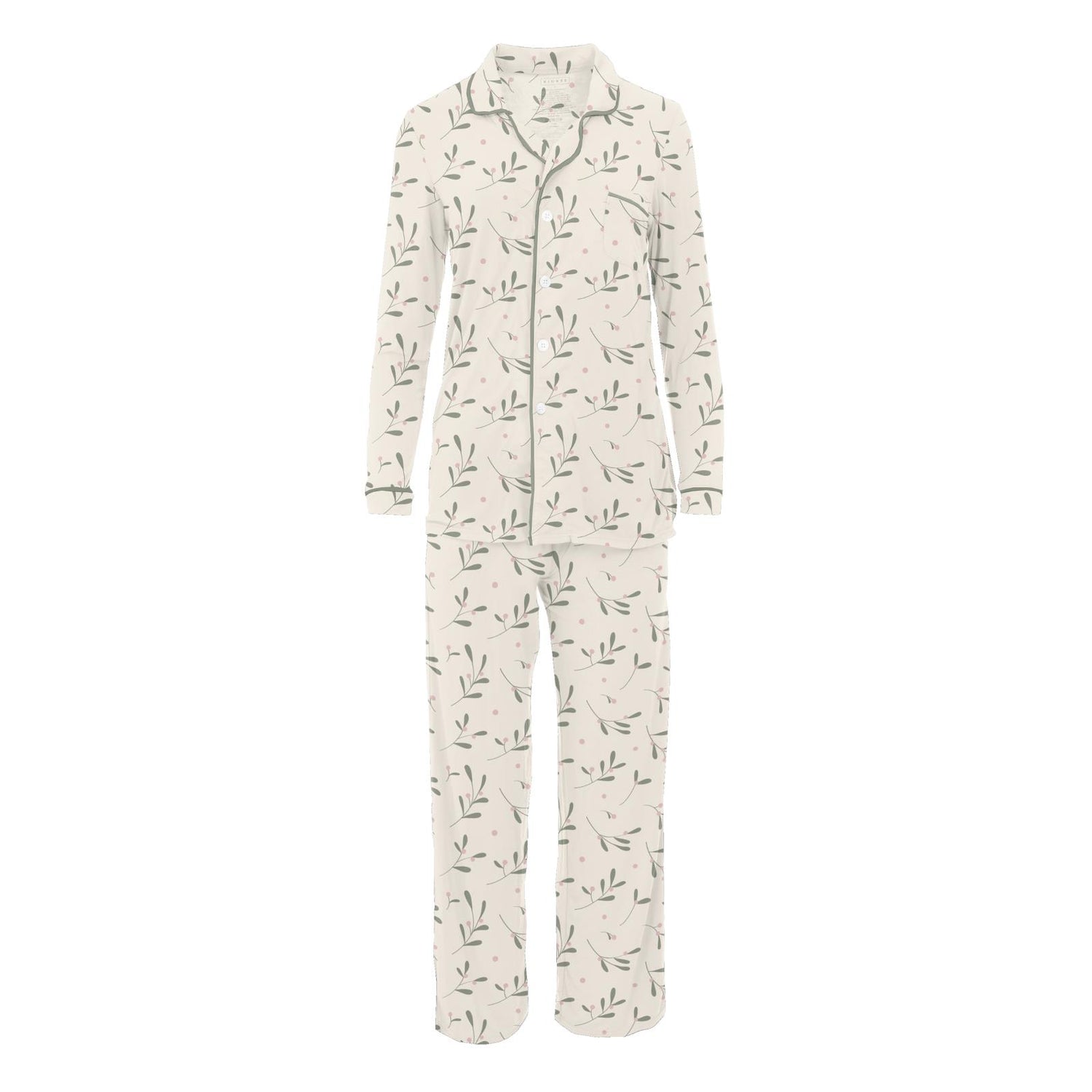 Women's Print Long Sleeve Collared Pajama Set in Natural Mistletoe