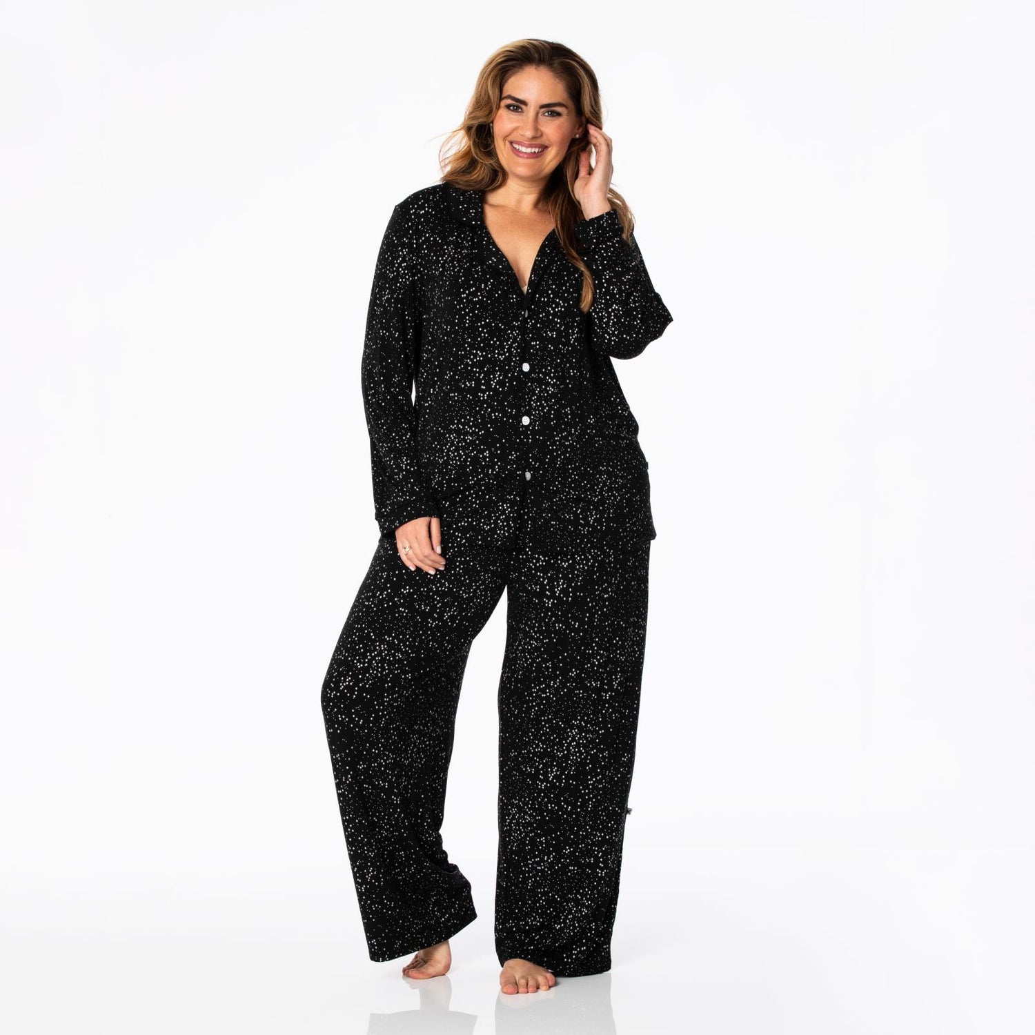 Women's Print Long Sleeve Collared Pajama Set in Midnight Foil Constellations