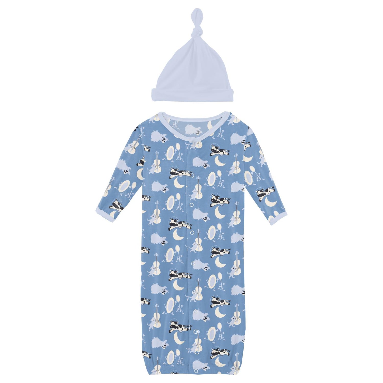 Print Layette Gown Converter & Single Knot Hat Set in Dream Blue Hey Diddle Diddle