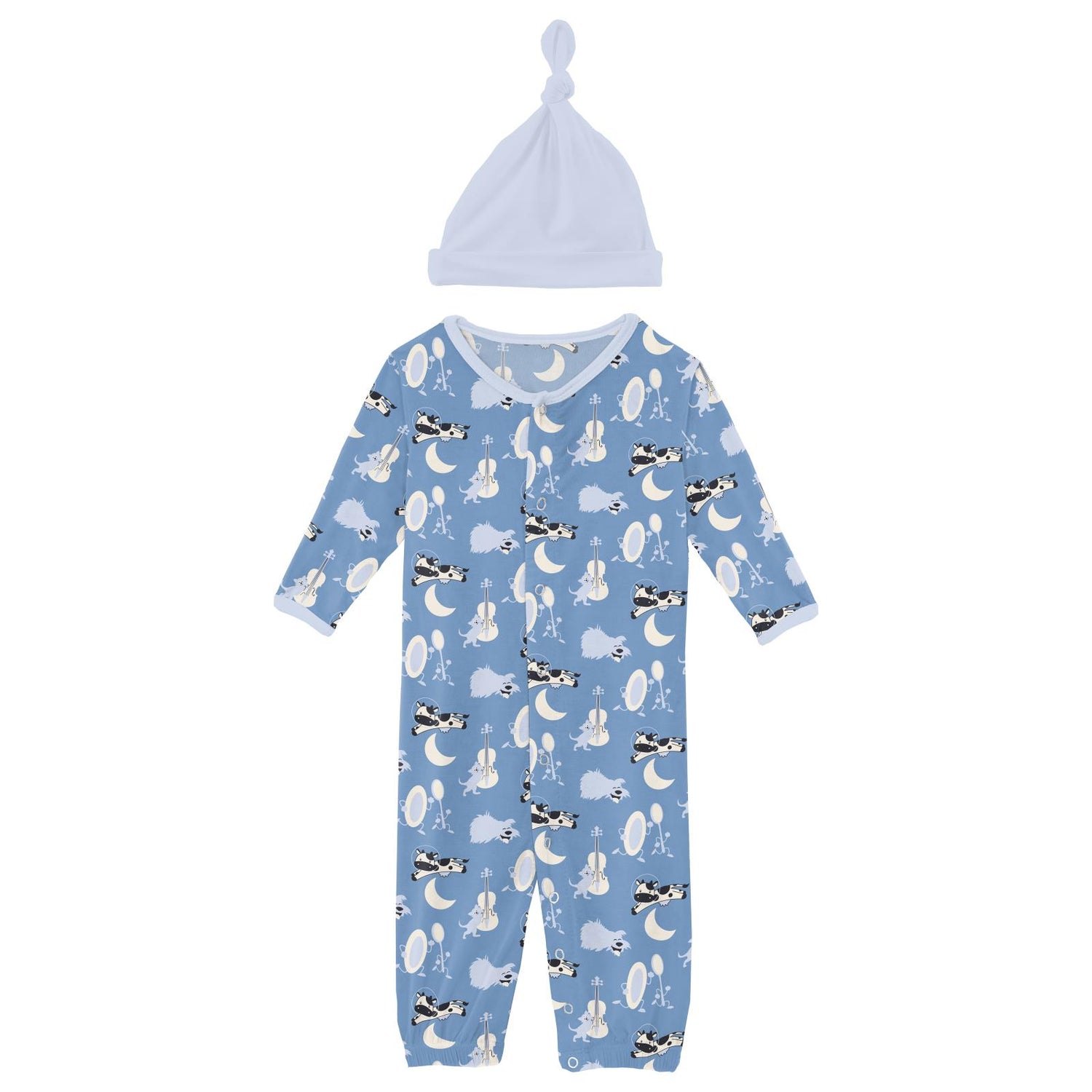 Print Layette Gown Converter & Single Knot Hat Set in Dream Blue Hey Diddle Diddle