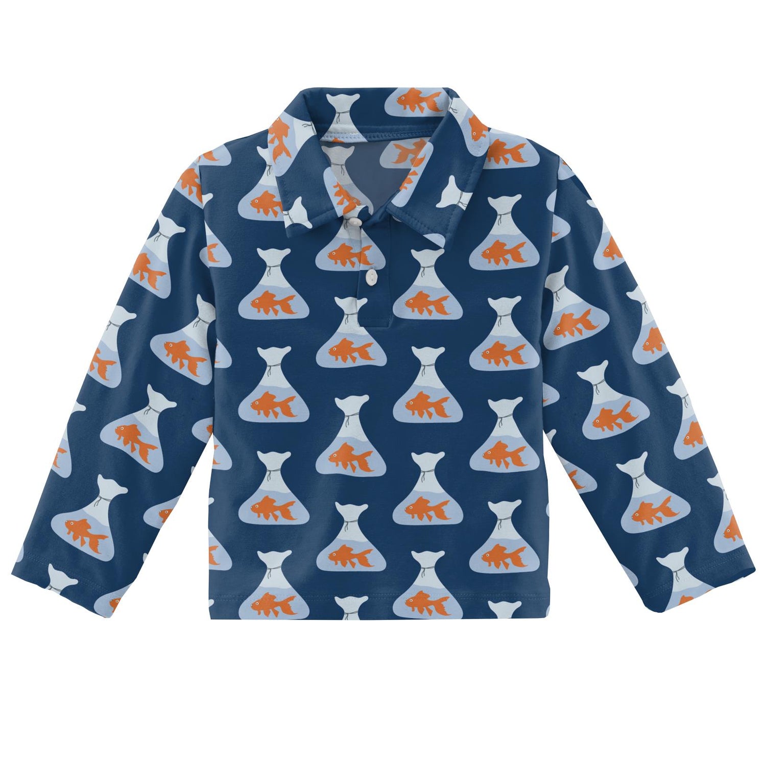 Print Long Sleeve Polo in Navy Goldfish Prize