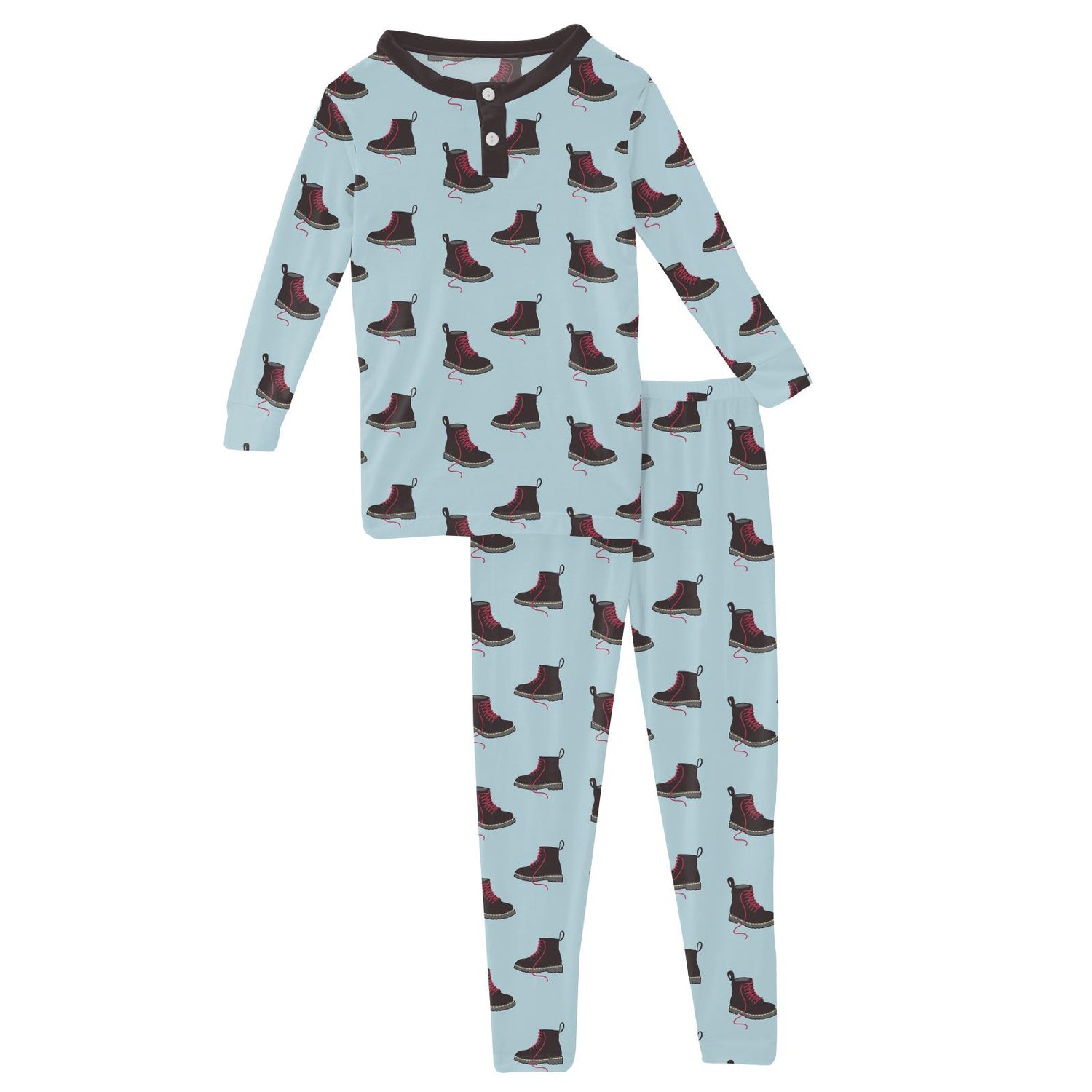 Print Long Sleeve Henley Pajama Set in Spring Sky Boots