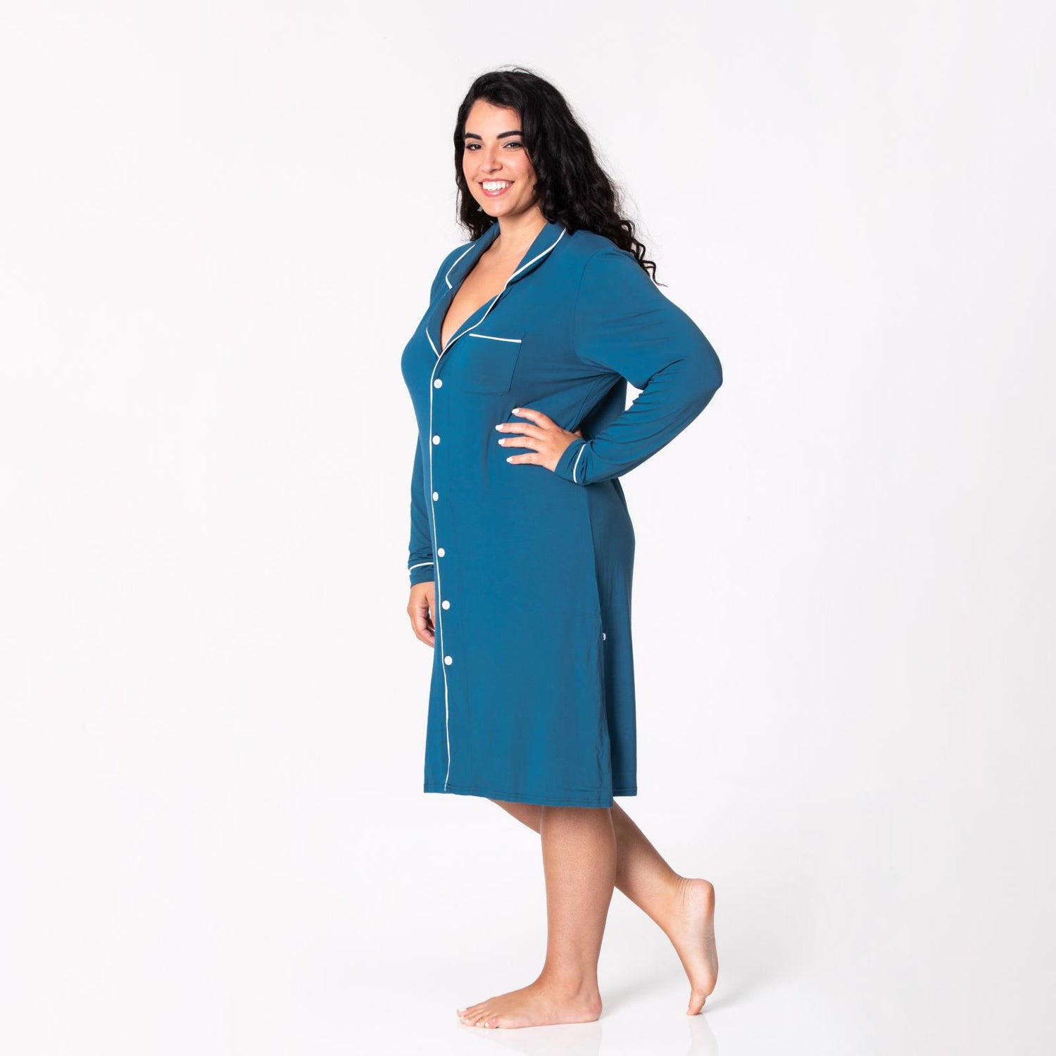 Women's Long Sleeve Button Down Nightshirt in Deep Sea with Natural