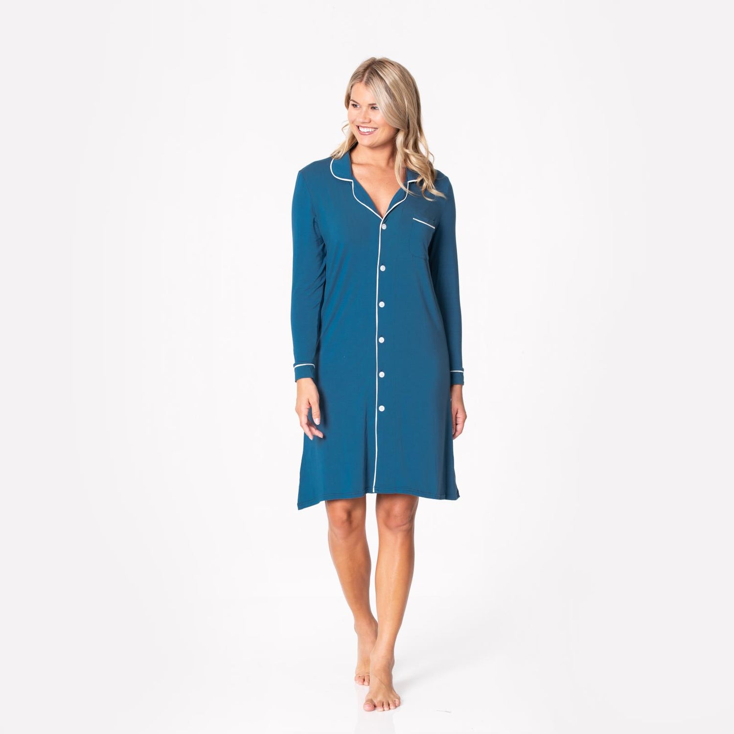 Women's Long Sleeve Button Down Nightshirt in Deep Sea with Natural