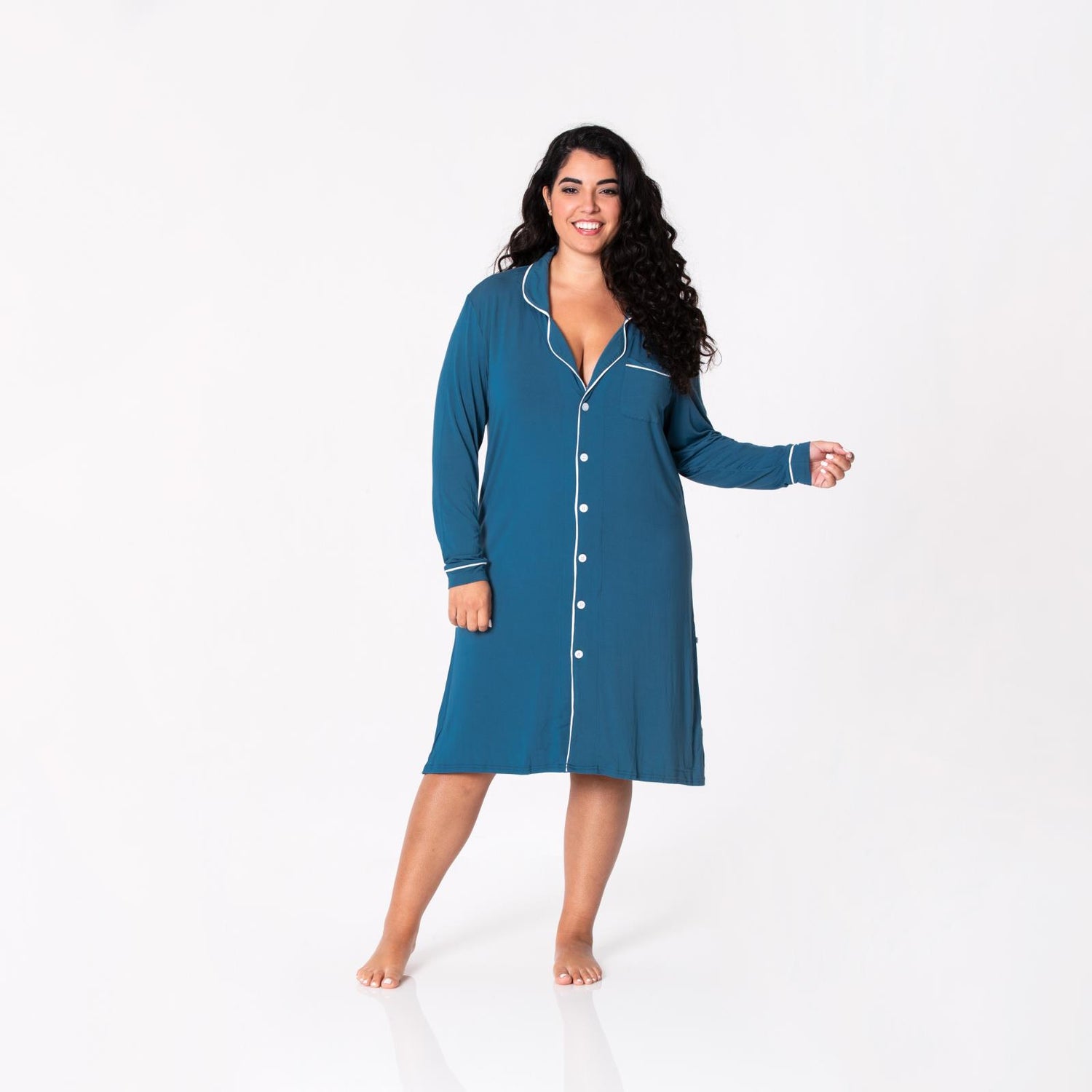 Women's Long Sleeve Button Down Nightshirt in Deep Sea with Natural