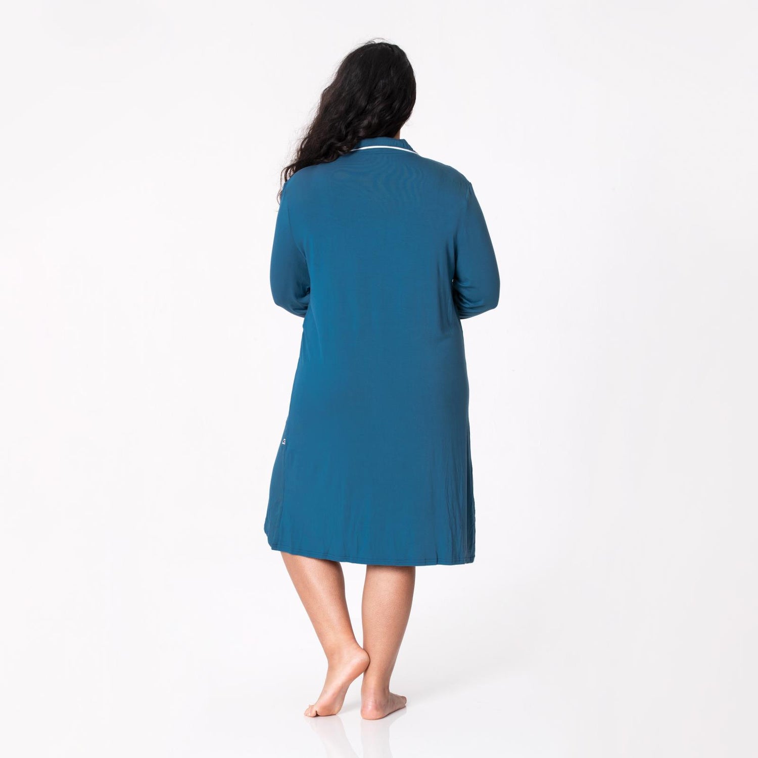 Women's Long Sleeve Button Down Nightshirt in Deep Sea with Natural