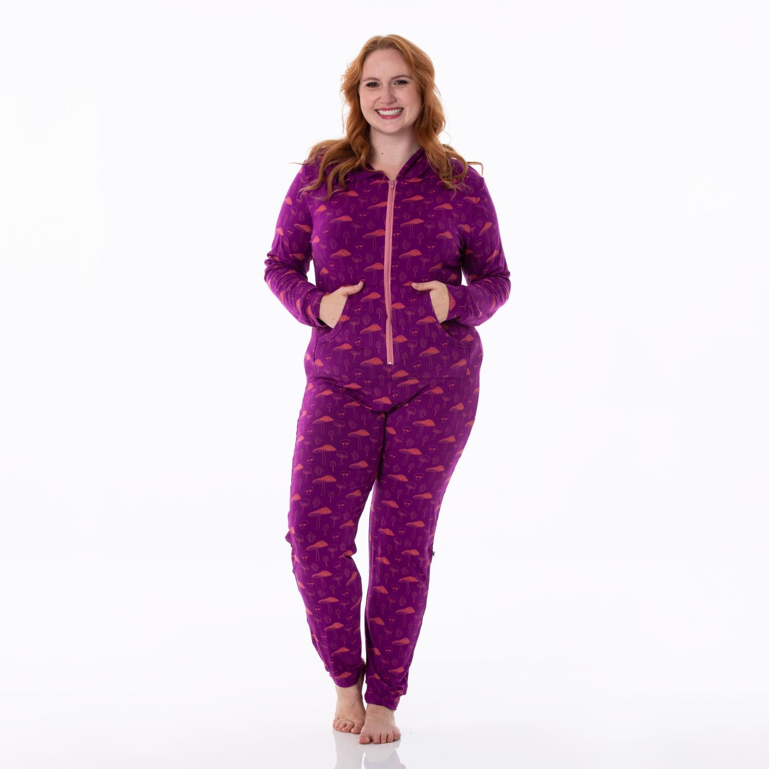 Women's Print Long Sleeve Jumpsuit with Hood in Starfish Mushrooms