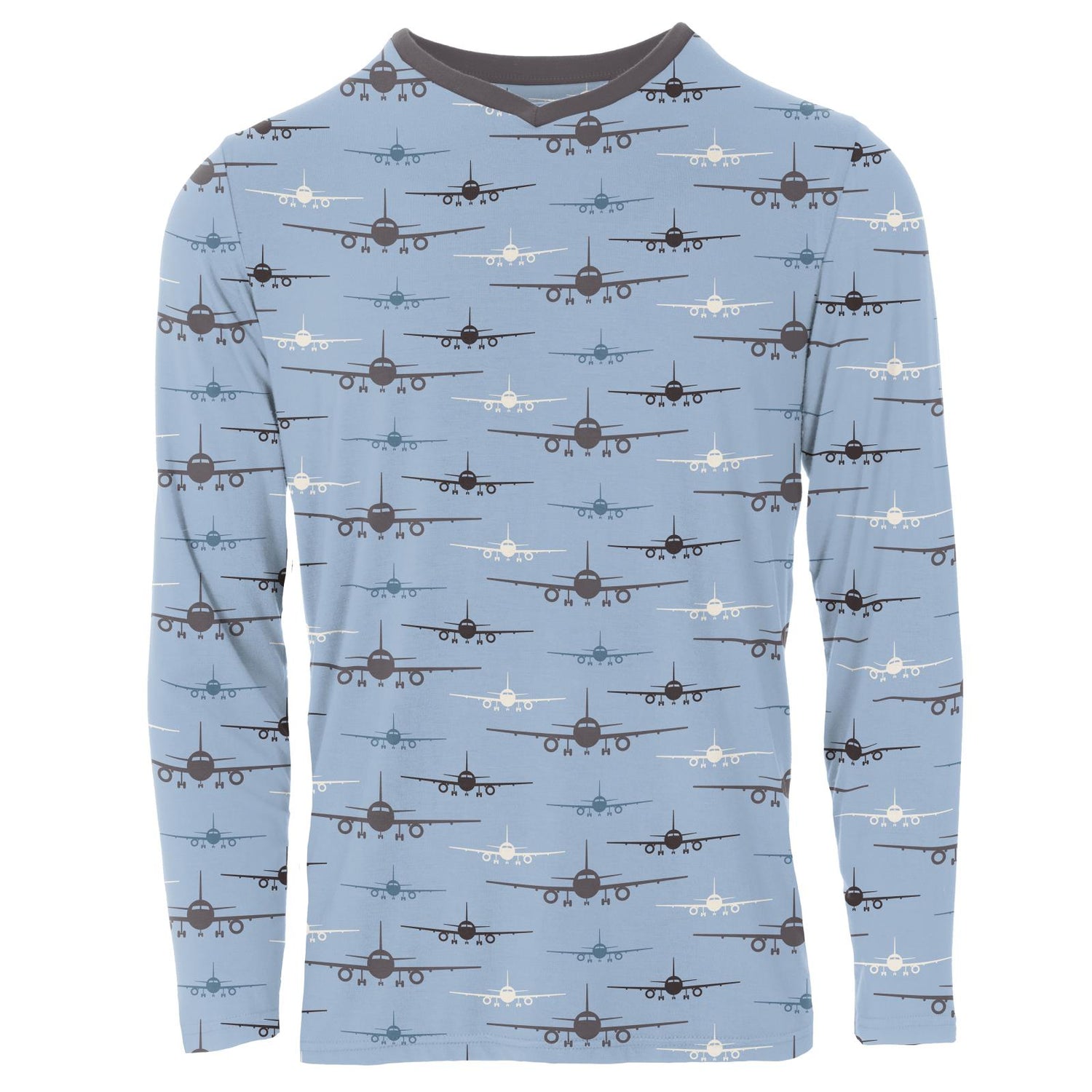 Men's Print Long Sleeve V-Neck Tee in Pond Airplanes