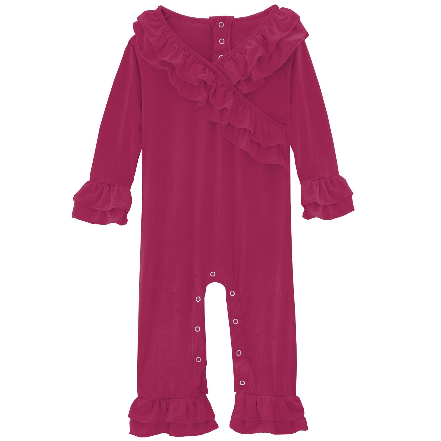 Long Sleeve Kimono Double Ruffle Romper in Berry