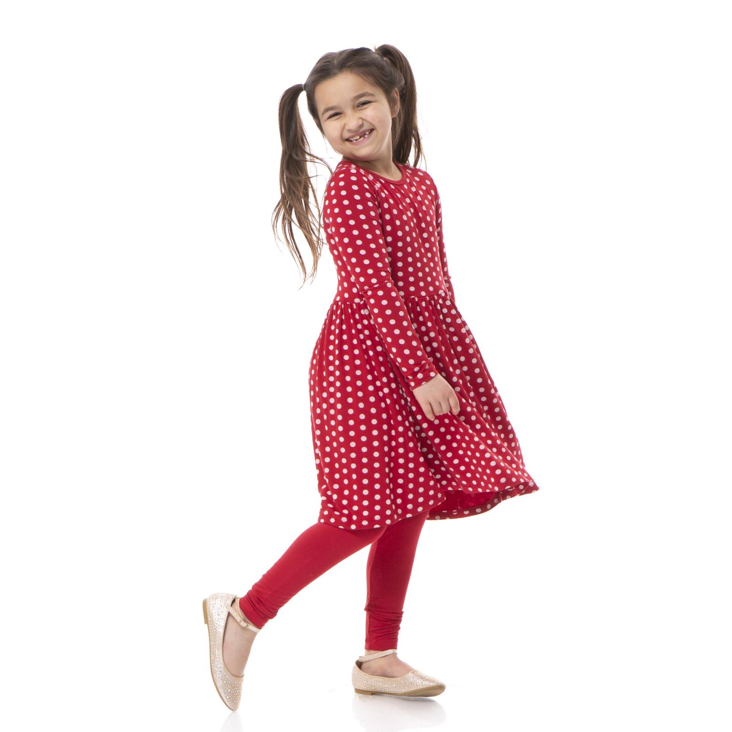 Print Long Sleeve Twirl Dress in Candy Apple Polka Dots