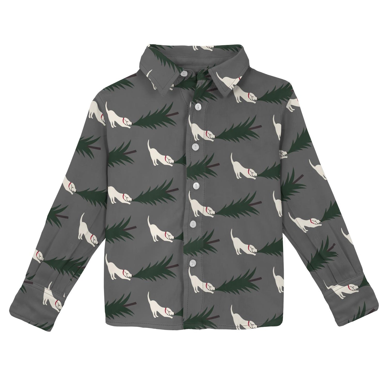 Print Long Sleeve Woven Button Down Shirt in Pewter Christmas Tree Drag