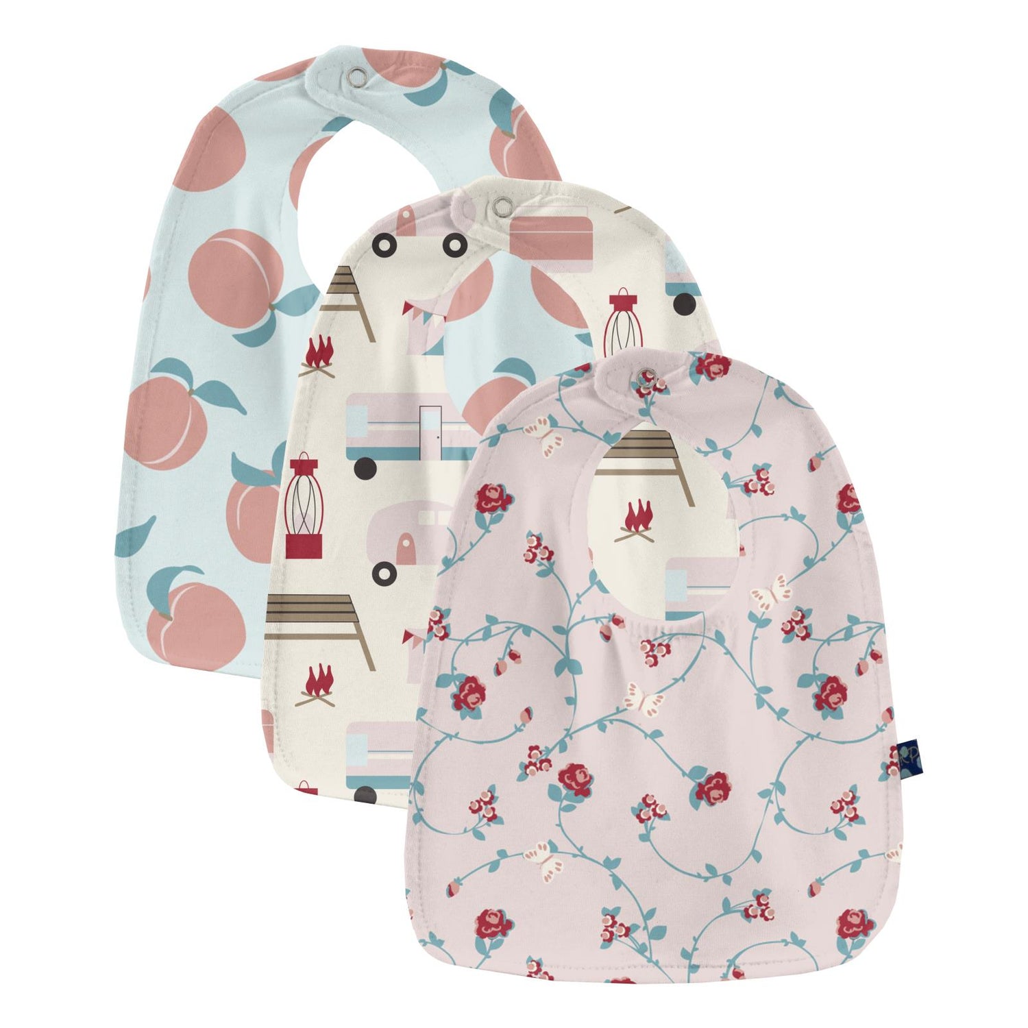 Print Bib Set in Natural Camping, Fresh Air Peaches and Macaroon Floral Vines