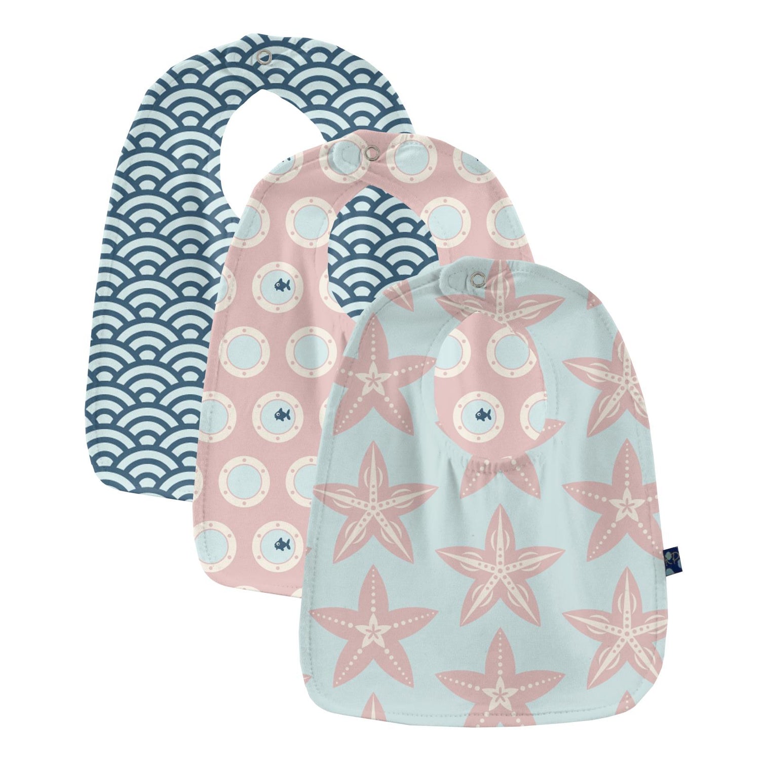 Print Bib Set in Fresh Air Fancy Starfish, Baby Rose Porthole and Fresh Air Waves