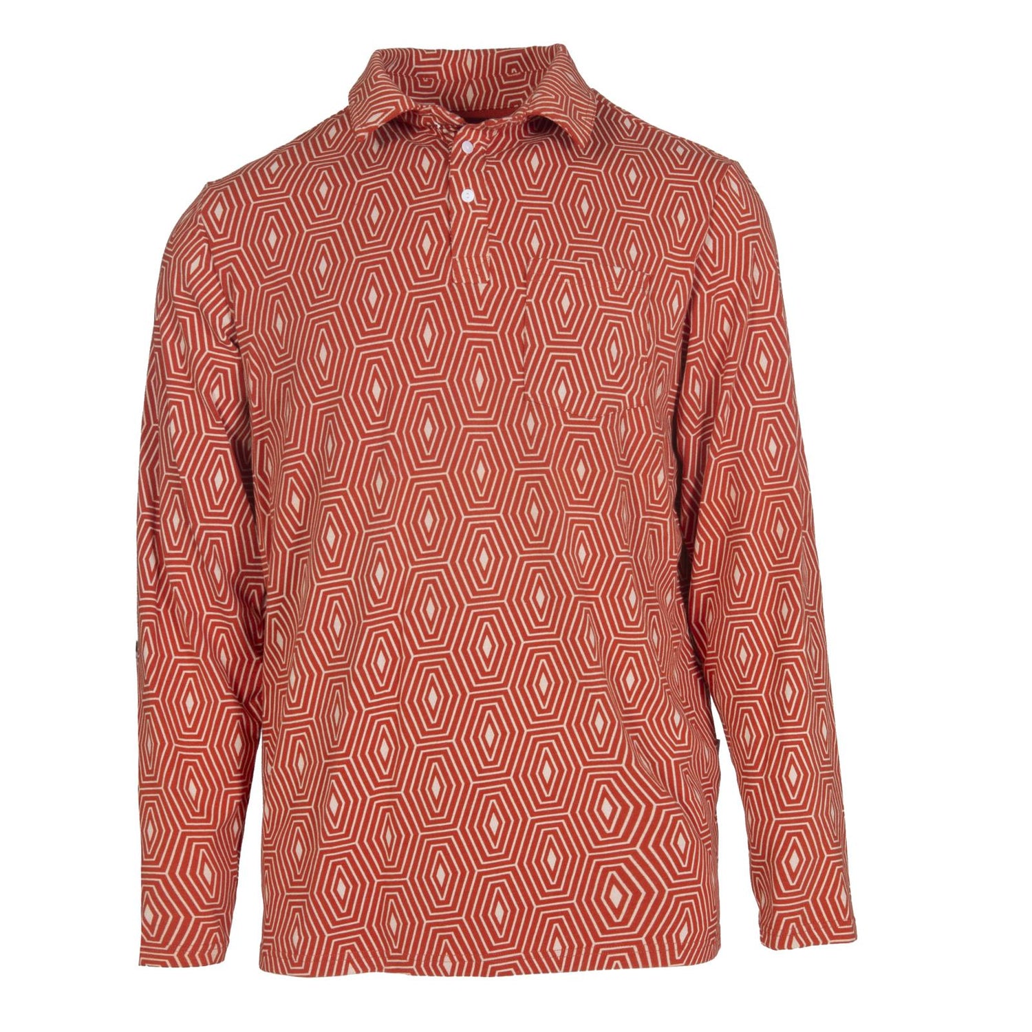 Men's Print Long Sleeve Luxe Jersey Polo with Pocket in Red Tea Tortoise Shell