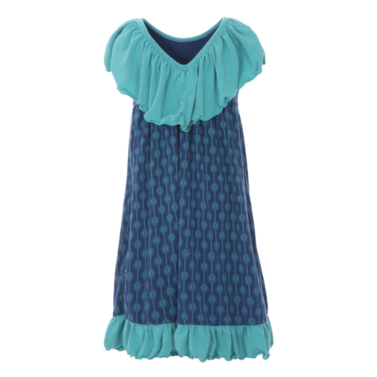 Print Italian Villa Dress in Navy Leaf Lattice