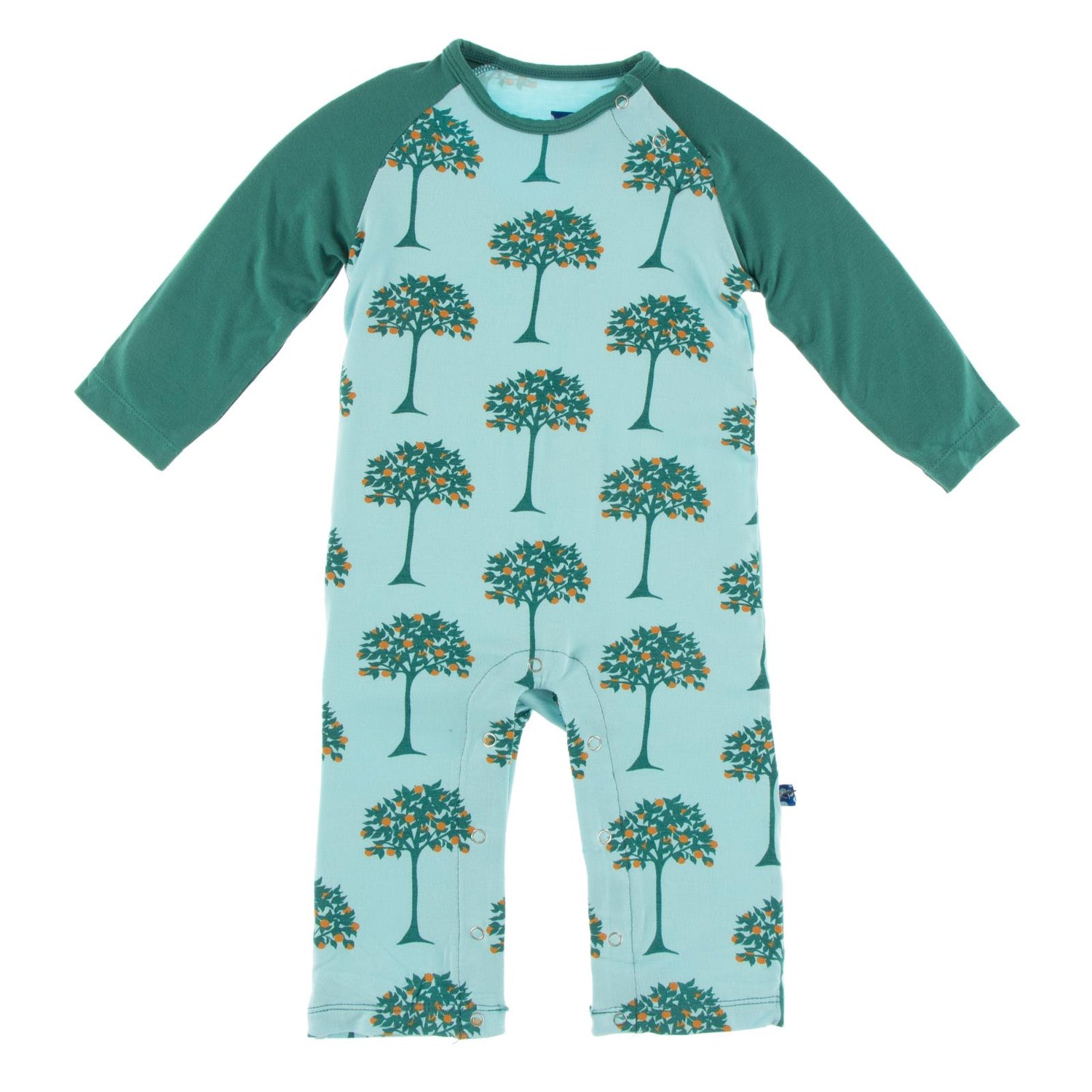 Print Long Sleeve Raglan Romper in Iceberg Orange Trees