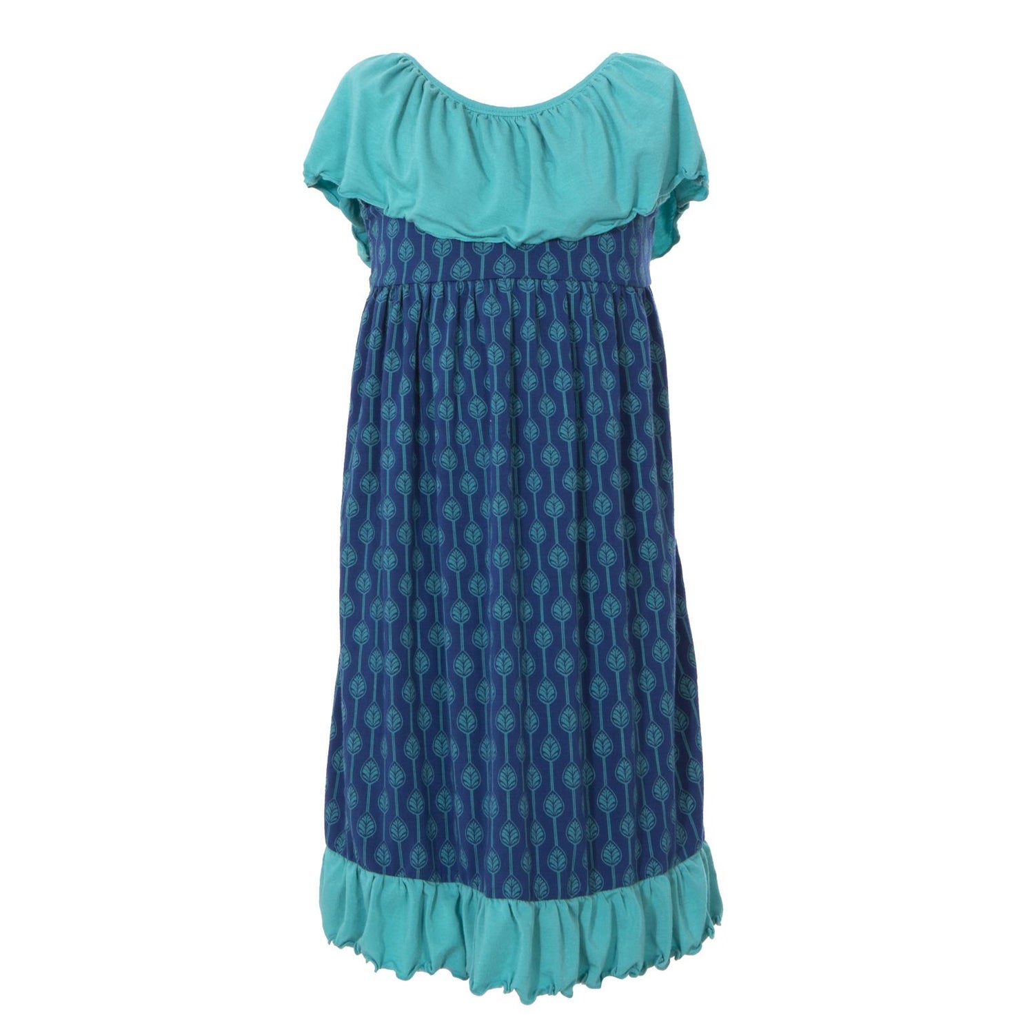 Print Italian Villa Dress in Navy Leaf Lattice