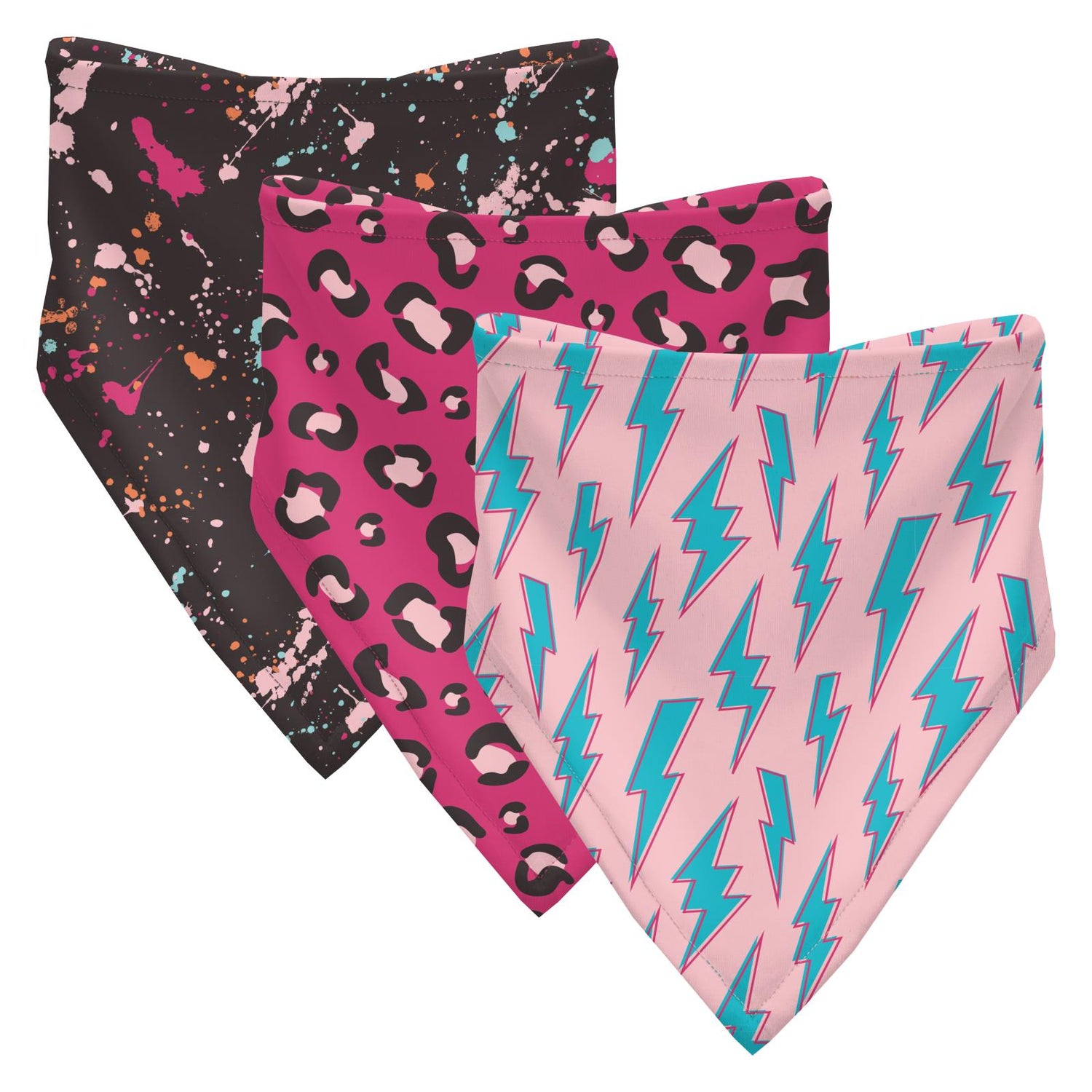 Print Bandana Bib Set of 3 in Calypso Splatter Paint, Calypso Cheetah Print & Lotus Lightning