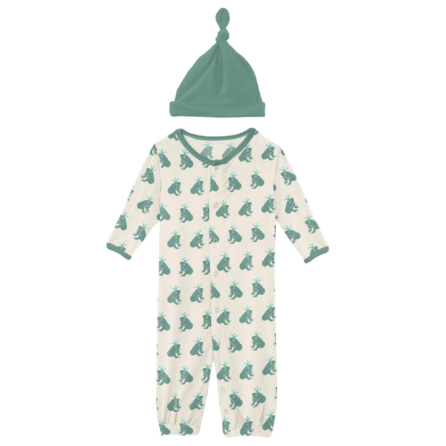 Print Layette Gown Converter & Single Knot Hat Set in Natural Frog Prince