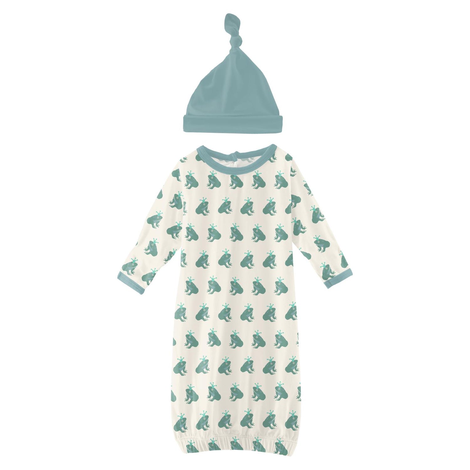 Print Layette Gown & Single Knot Hat Set in Natural Frog Prince