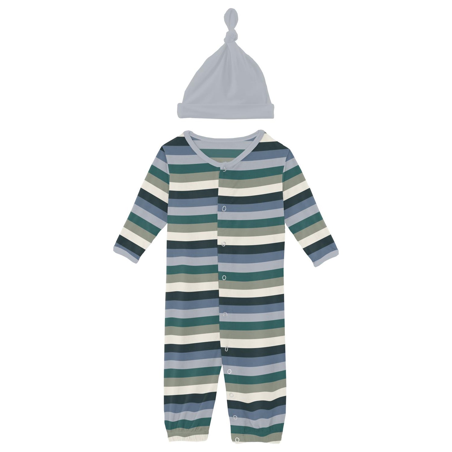 Print Layette Gown Converter & Single Knot Hat Set in Snowy Stripe