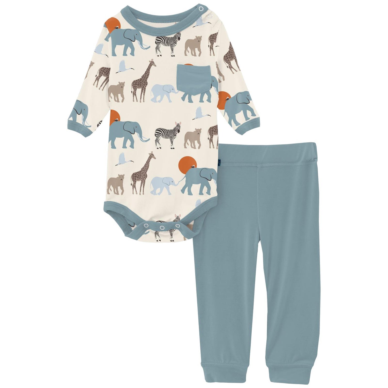 Print Long Sleeve Pocket One Piece & Pants Outfit Set in Natural Just So Animals