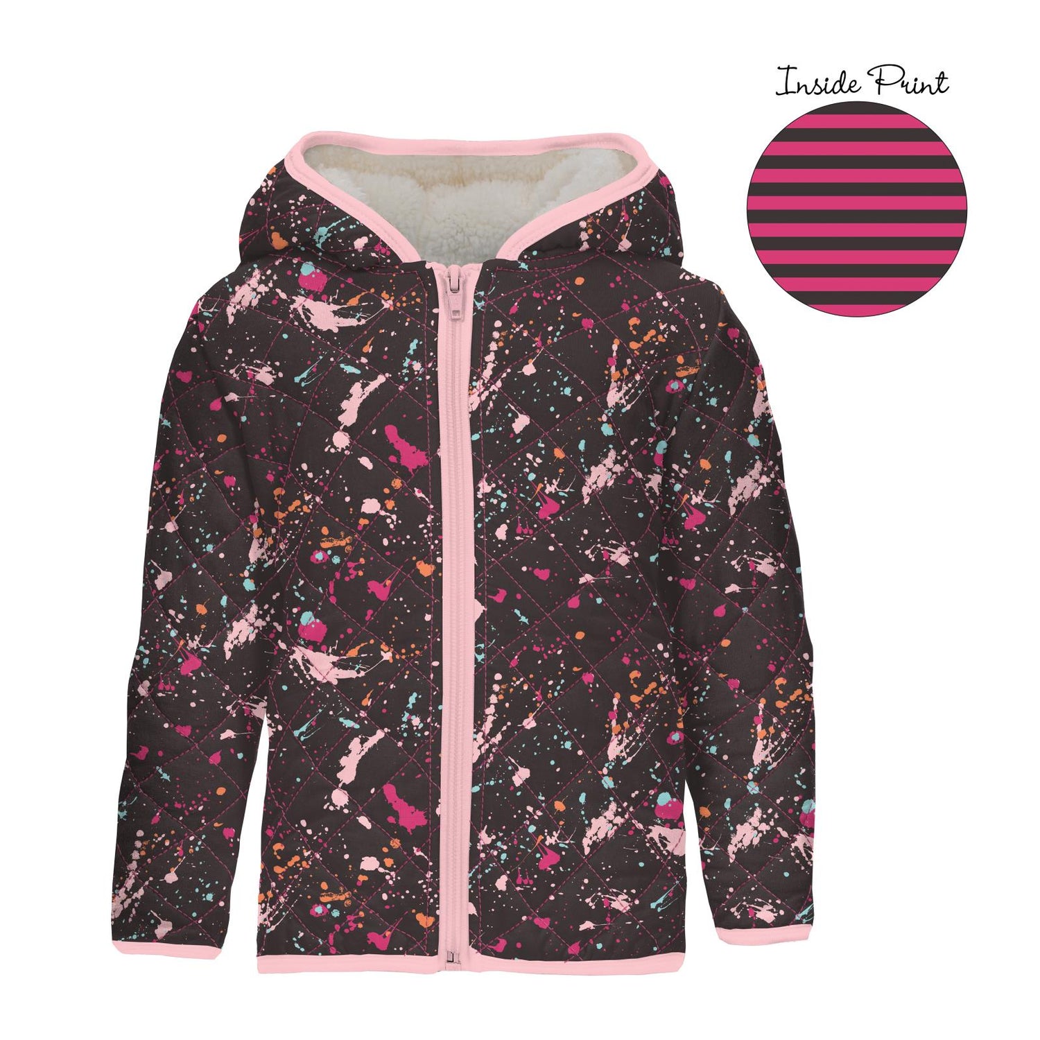 Print Quilted Jacket with Sherpa-Lined Hood in Calypso Splatter Paint/Awesome Stripe