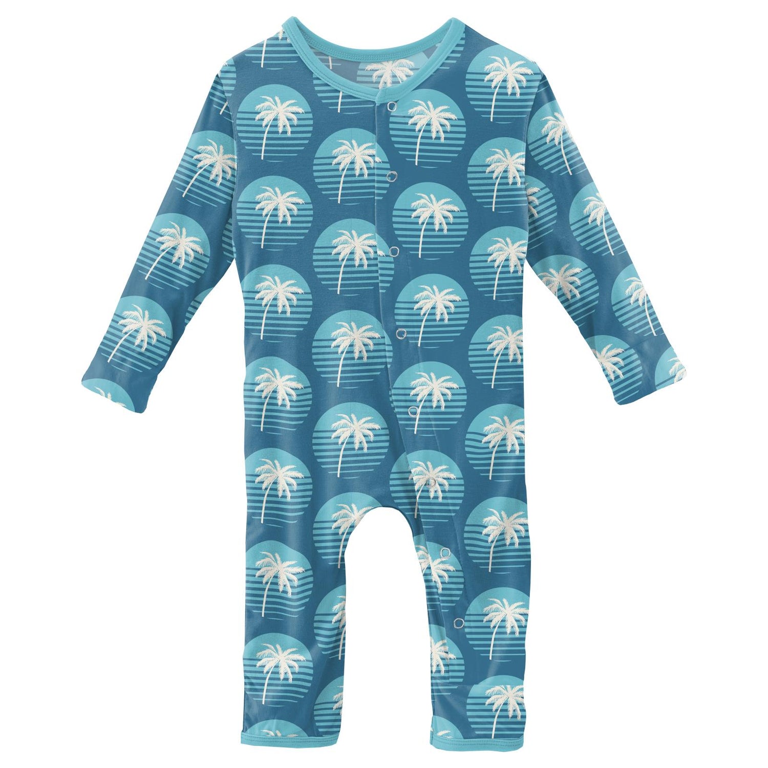 Print Coverall with Snaps in Cerulean Blue Palm Tree Sun